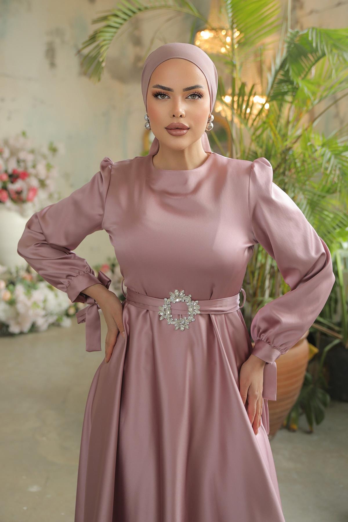 Tesettür Manşeti Bağcıklı Kemeri Taşlı Saten Abiye PudraHM4133-1