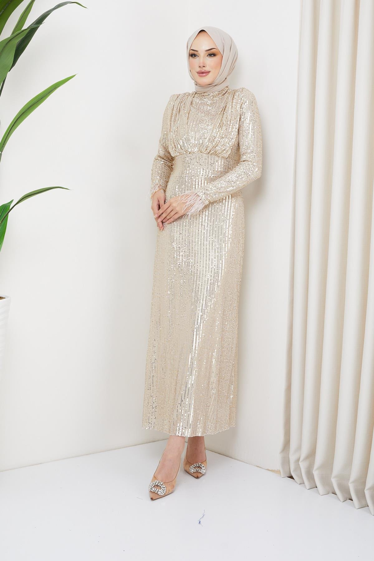 Hijab Cuff Feather Detailed, Sequined Evening Dress BeigeHM5019