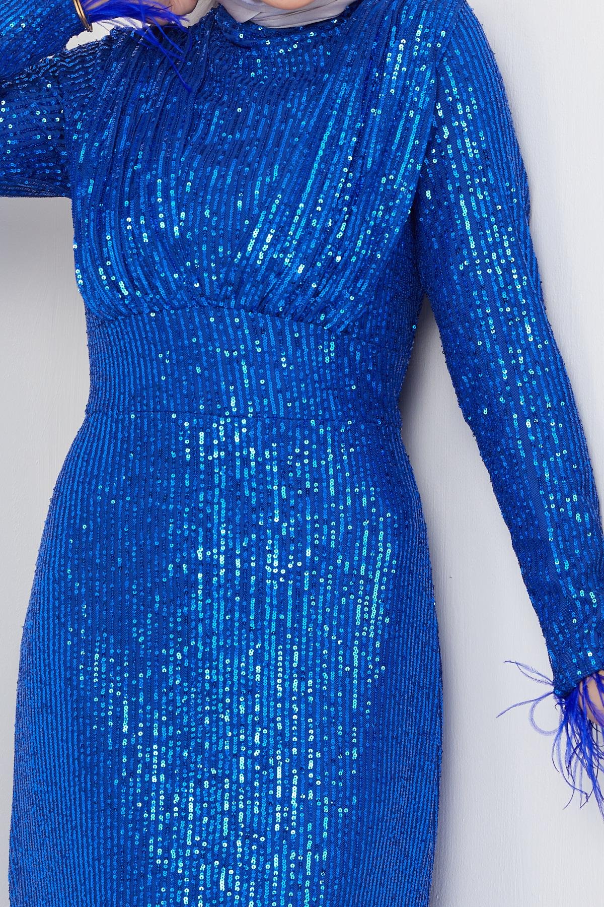 Tesettür Manşeti Tüy Detaylı, Payetli Abiye Saks MavisiHM5019