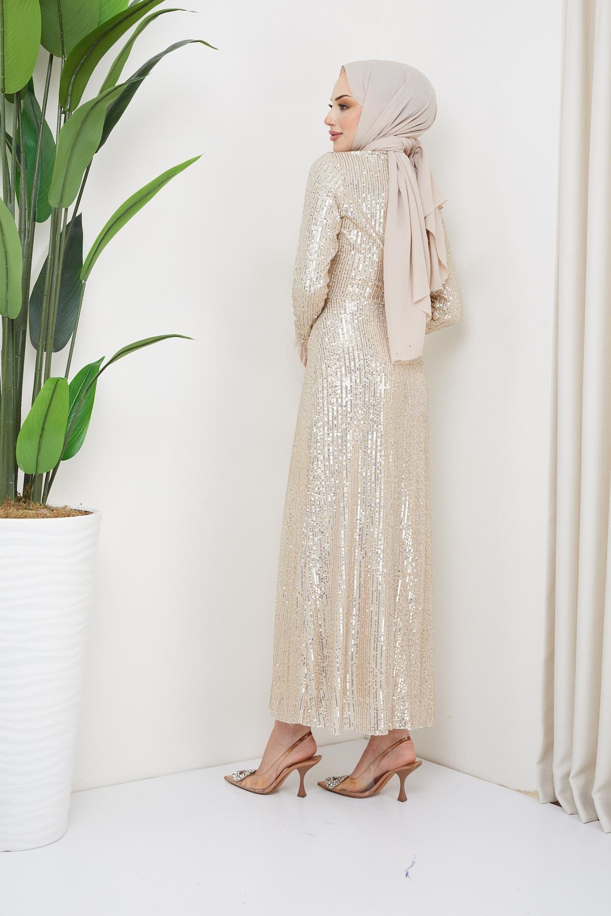 Hijab Cuff Feather Detailed, Sequined Evening Dress BeigeHM5019