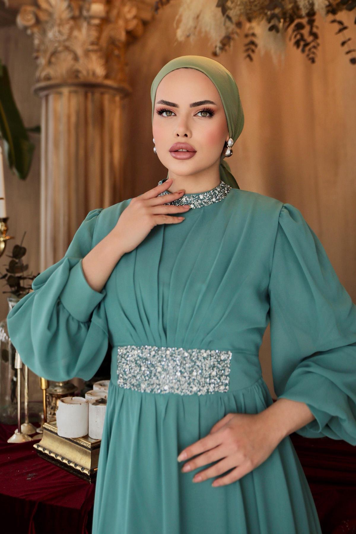 Tesettür Masal Abiye Mint YeşiliLP6007