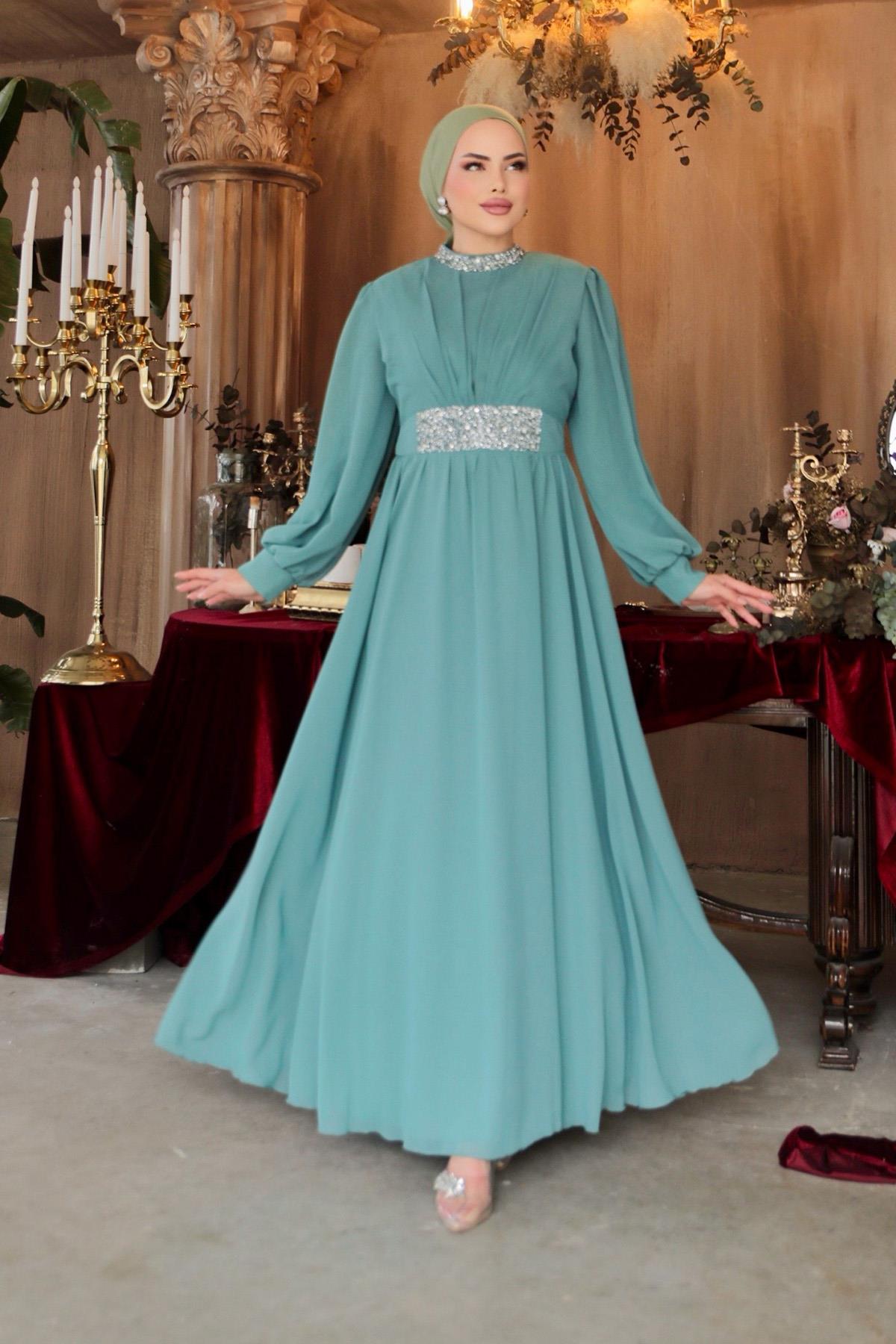 Tesettür Masal Abiye Mint YeşiliLP6007