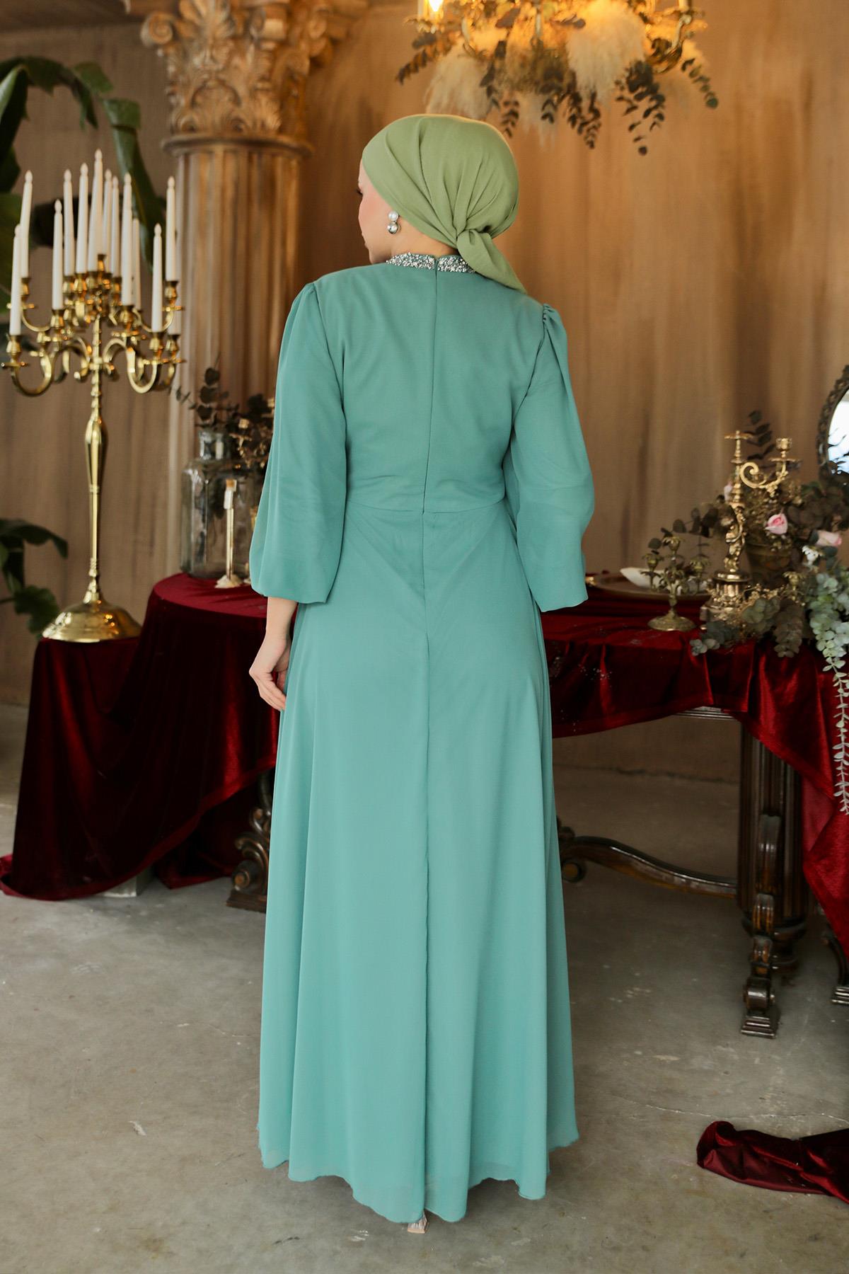 Tesettür Masal Abiye Mint YeşiliLP6007