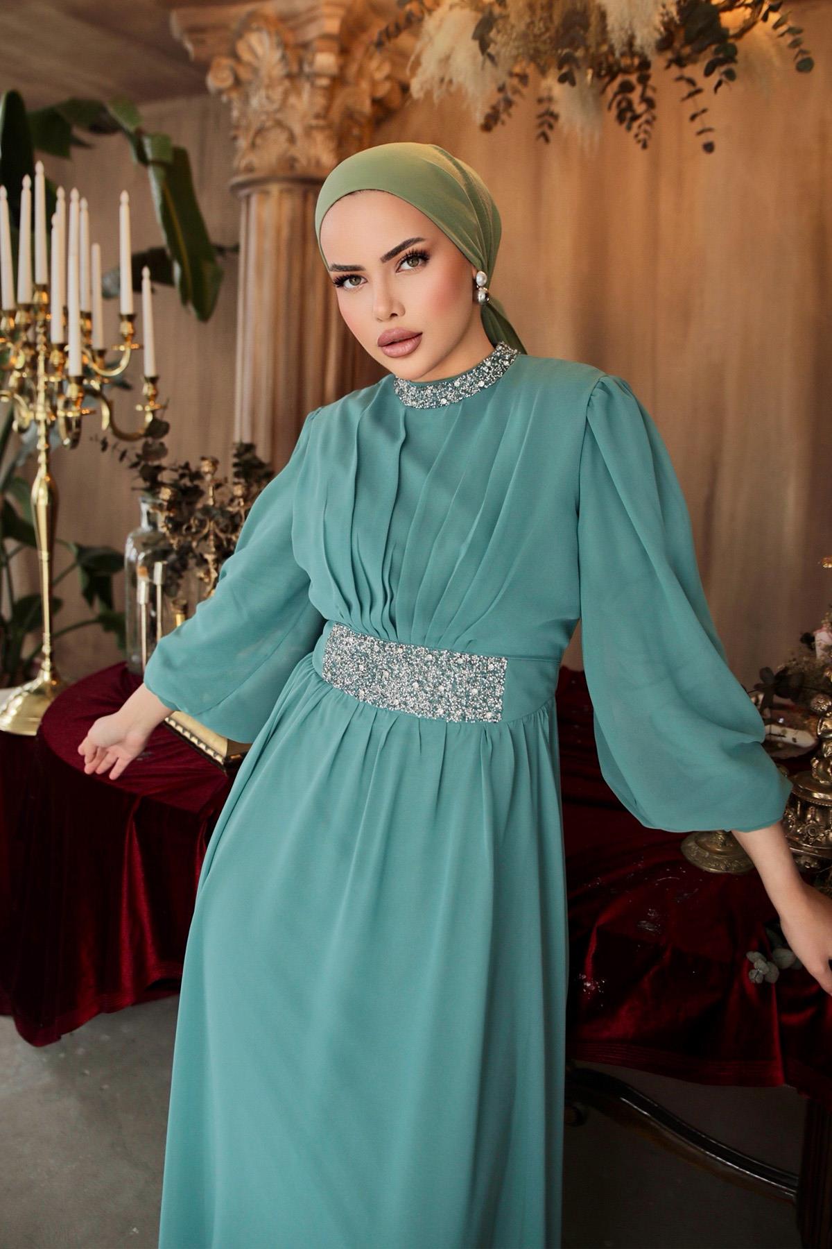 Tesettür Masal Abiye Mint YeşiliLP6007