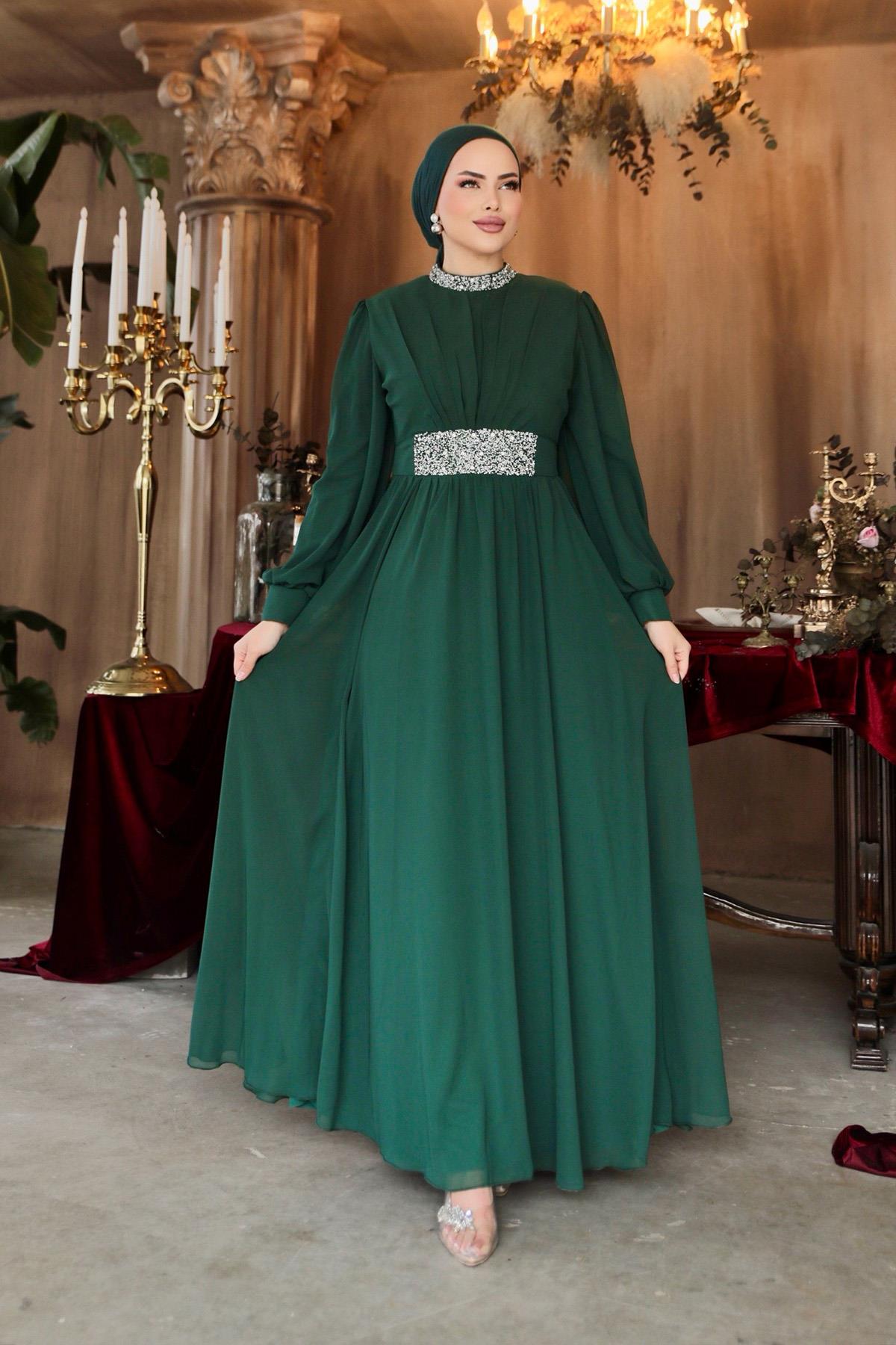 Tesettür Masal Abiye Zümrüt YeşiliLP6007