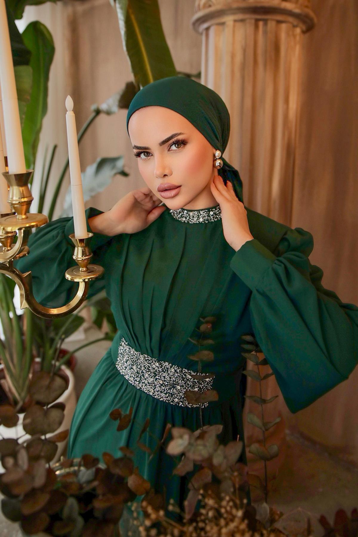 Tesettür Masal Abiye Zümrüt YeşiliLP6007