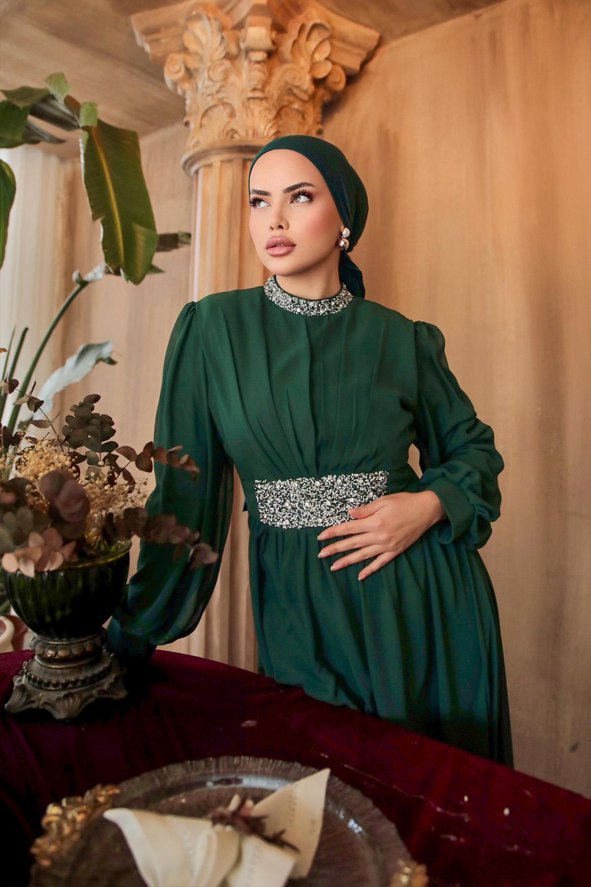 Tesettür Masal Abiye Zümrüt YeşiliLP6007