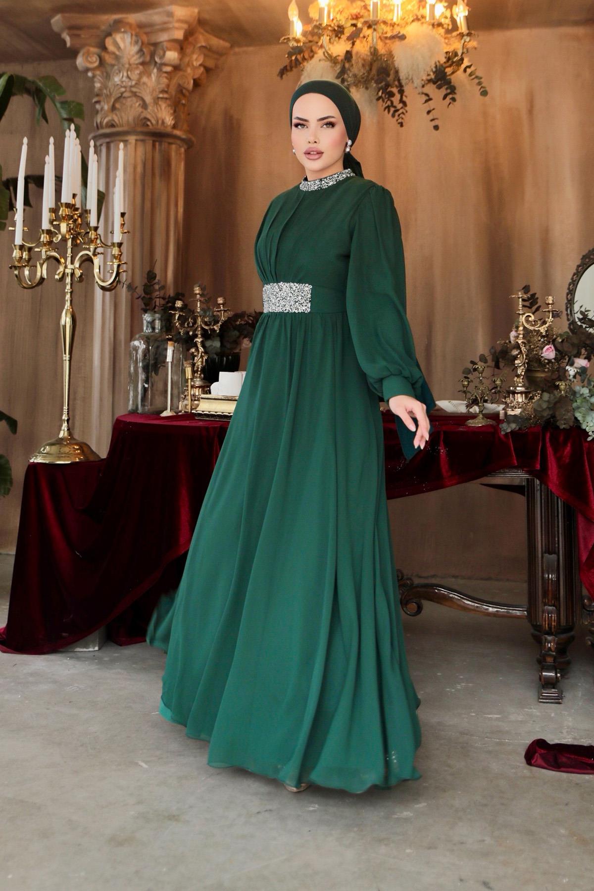 Tesettür Masal Abiye Zümrüt YeşiliLP6007