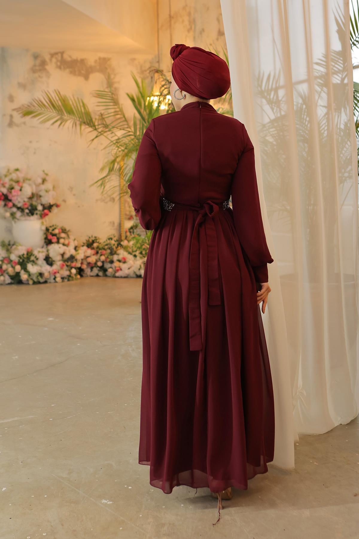 Tesettür Meç Süslemeli, Piliseli Şifon Abiye BordoHM5013