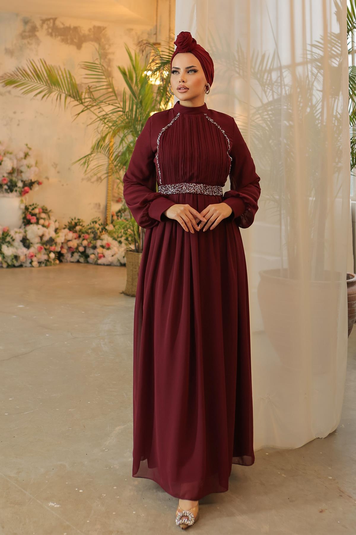 Tesettür Meç Süslemeli, Piliseli Şifon Abiye BordoHM5013
