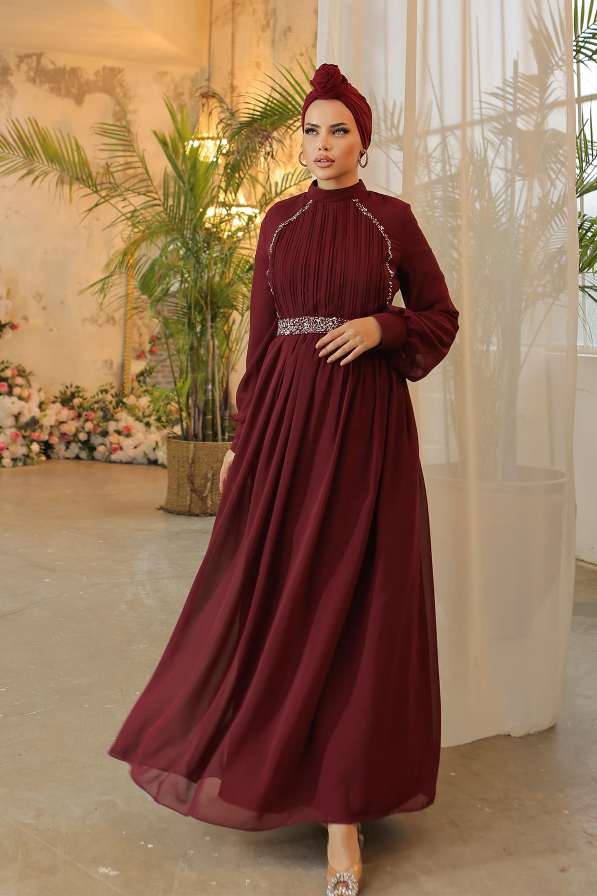 Tesettür Meç Süslemeli, Piliseli Şifon Abiye BordoHM5013