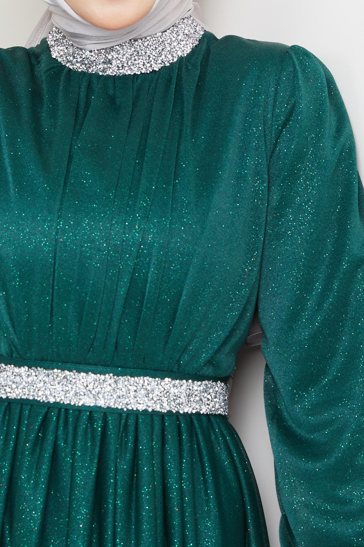 Tesettür Meç Süslemeli Simli Tül Abiye Zümrüt YeşiliHM5012