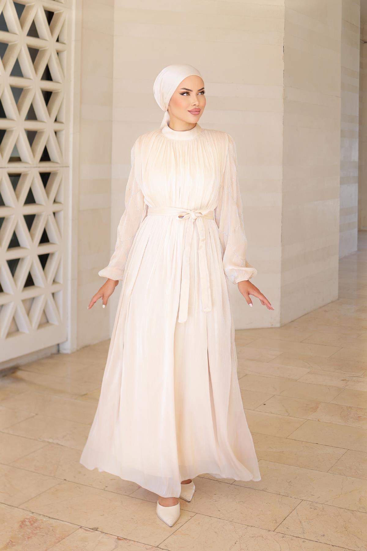 Tesettür Mercan Işıltı Abiye BejLP6097