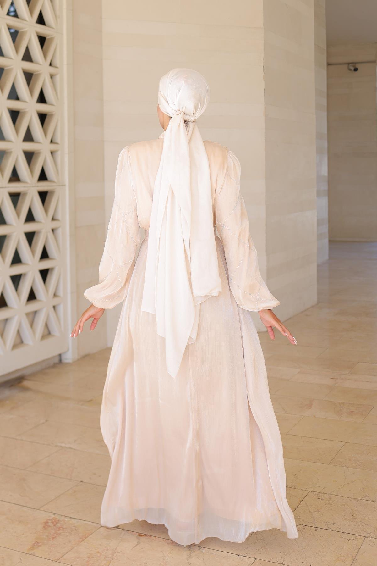 Tesettür Mercan Işıltı Abiye BejLP6097