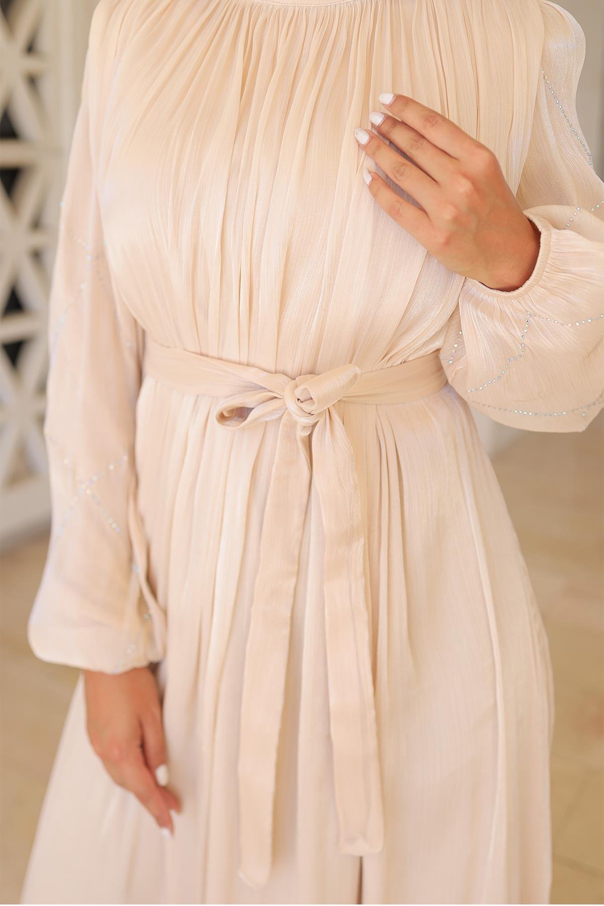 Tesettür Mercan Işıltı Abiye BejLP6097