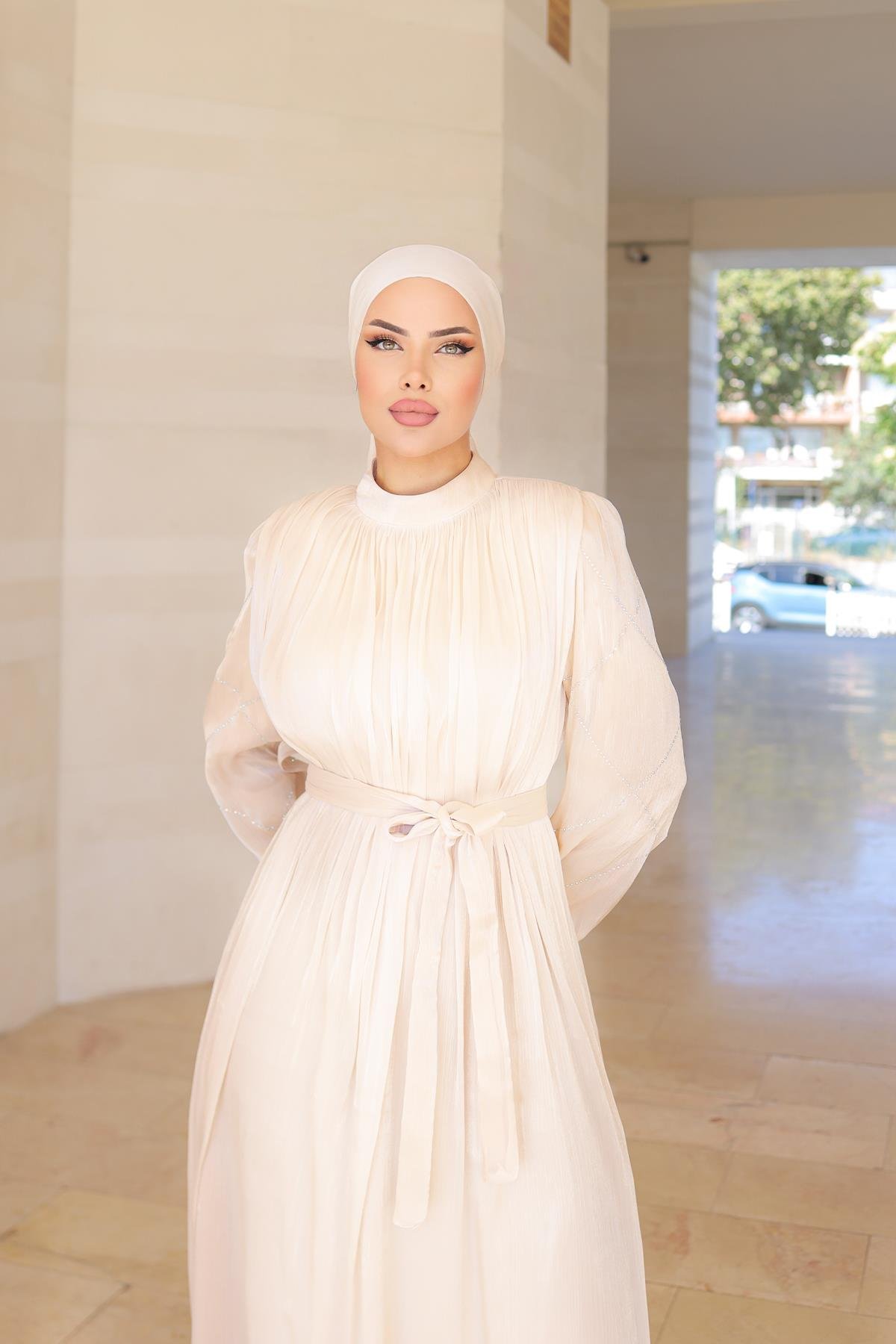 Tesettür Mercan Işıltı Abiye BejLP6097
