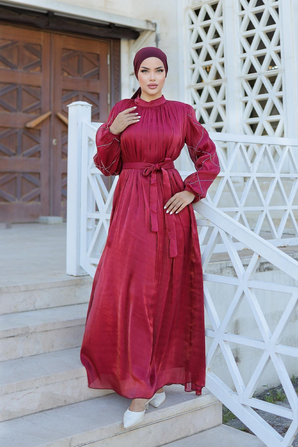 Tesettür Mercan Işıltı Abiye BordoLP6097