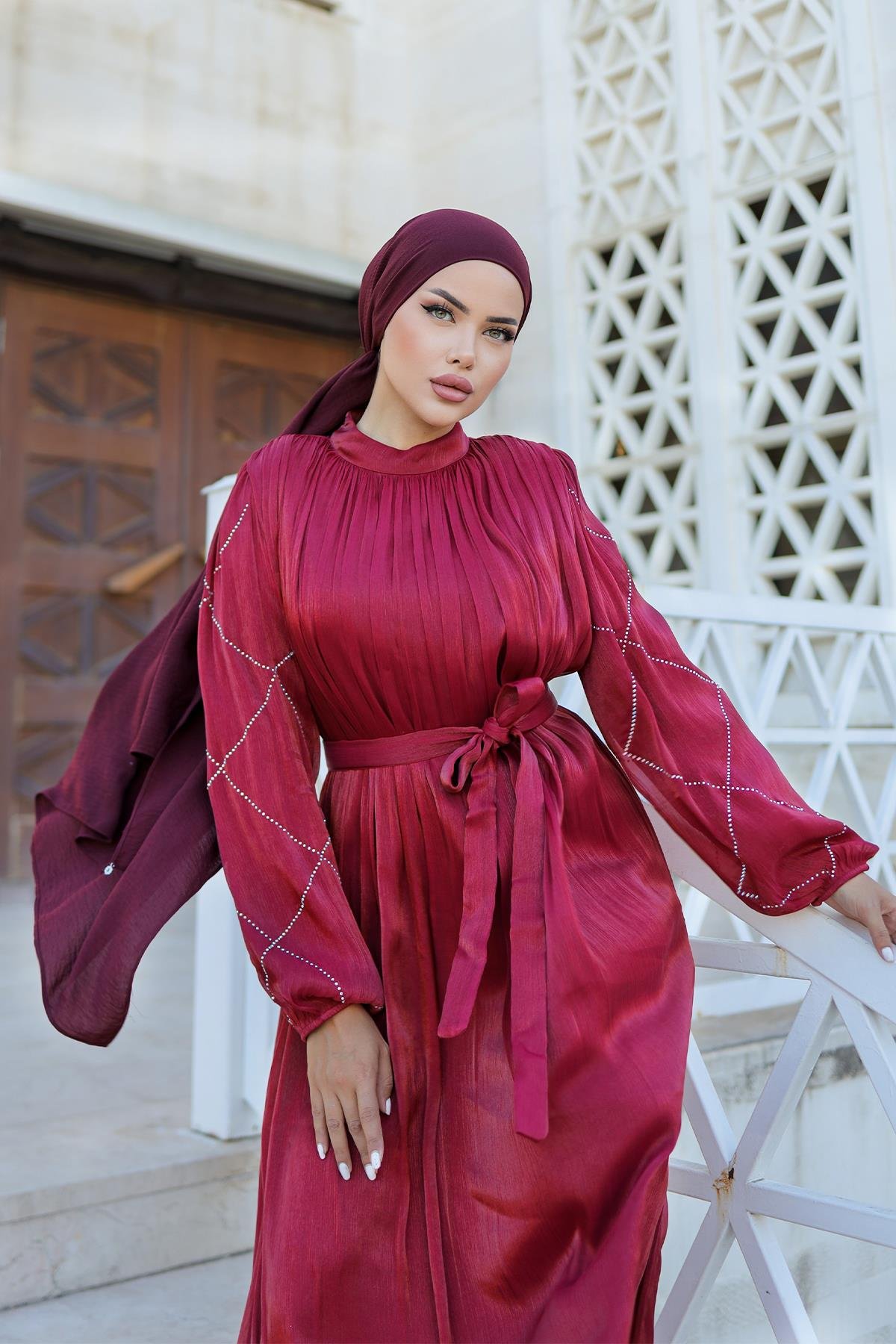 Tesettür Mercan Işıltı Abiye BordoLP6097
