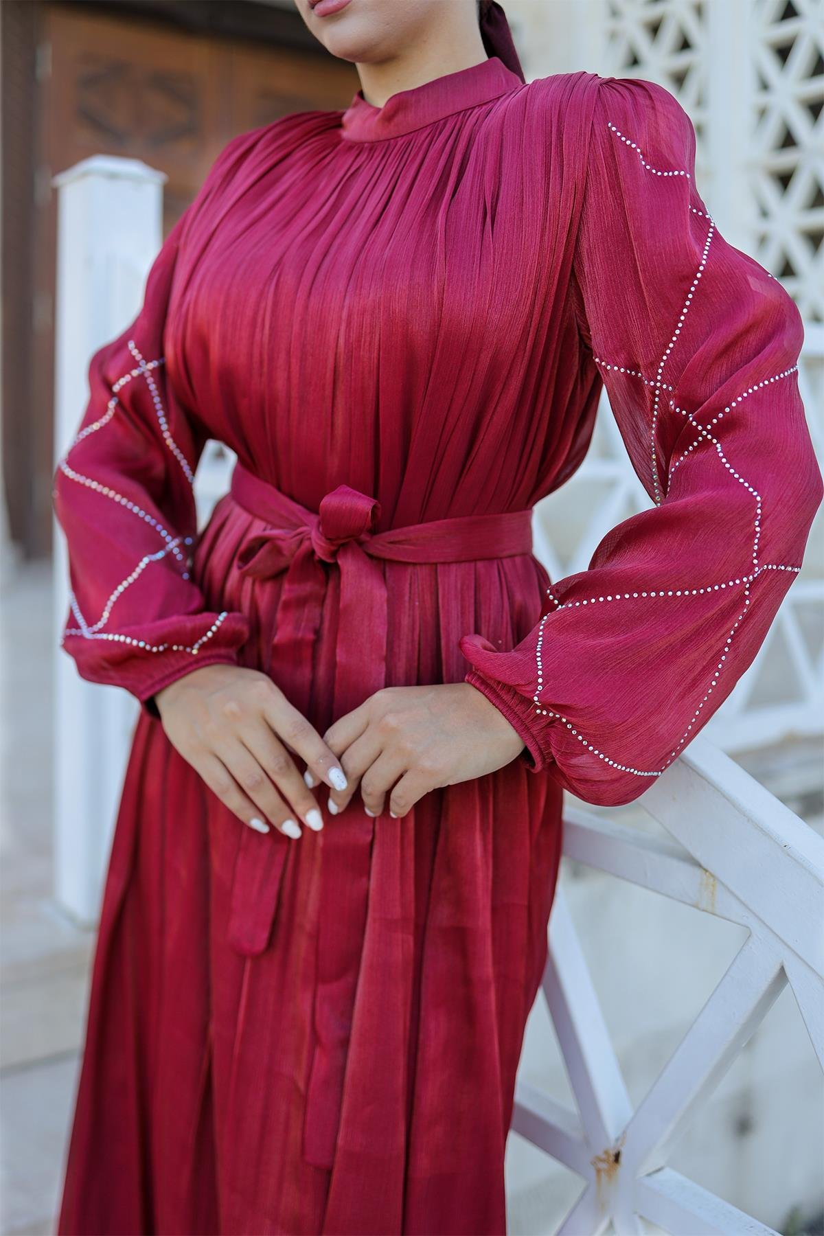 Tesettür Mercan Işıltı Abiye BordoLP6097