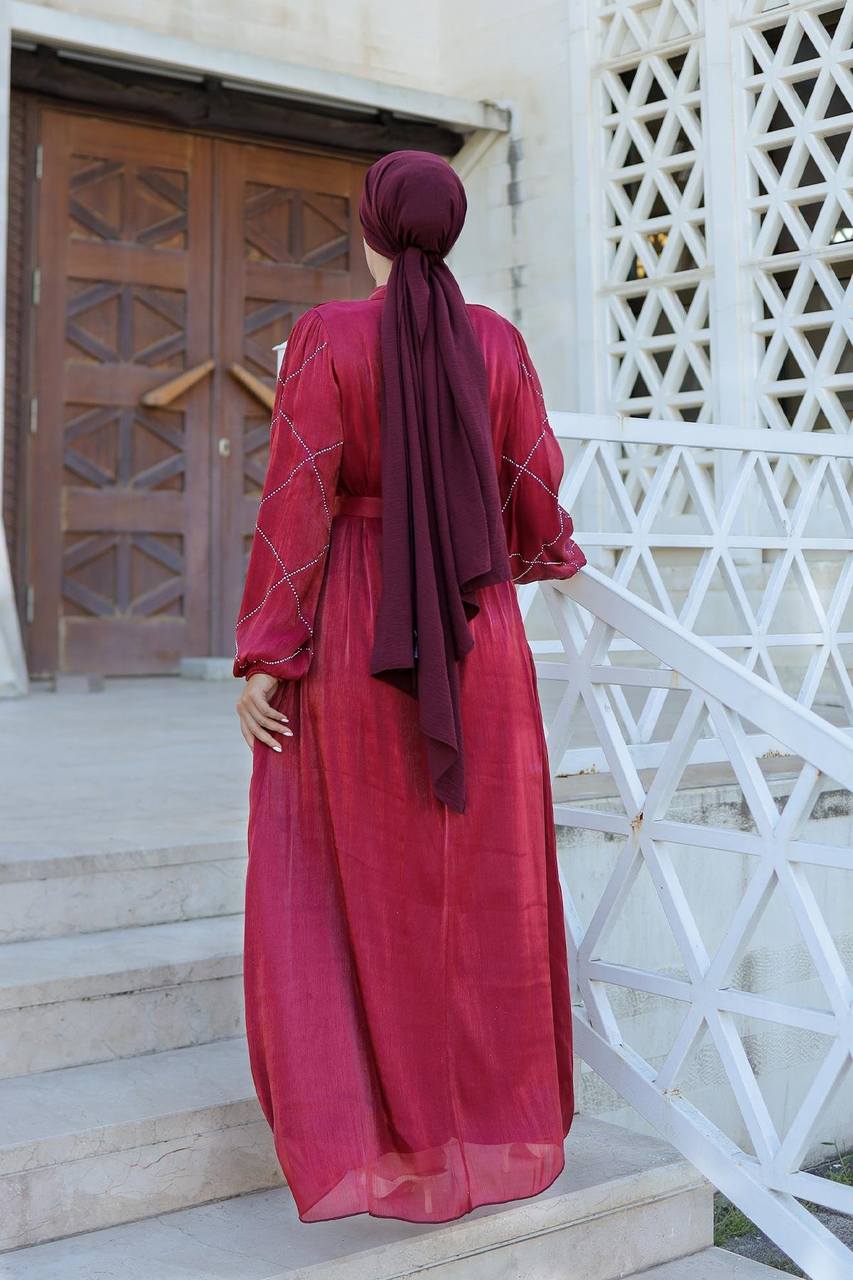 Tesettür Mercan Işıltı Abiye BordoLP6097