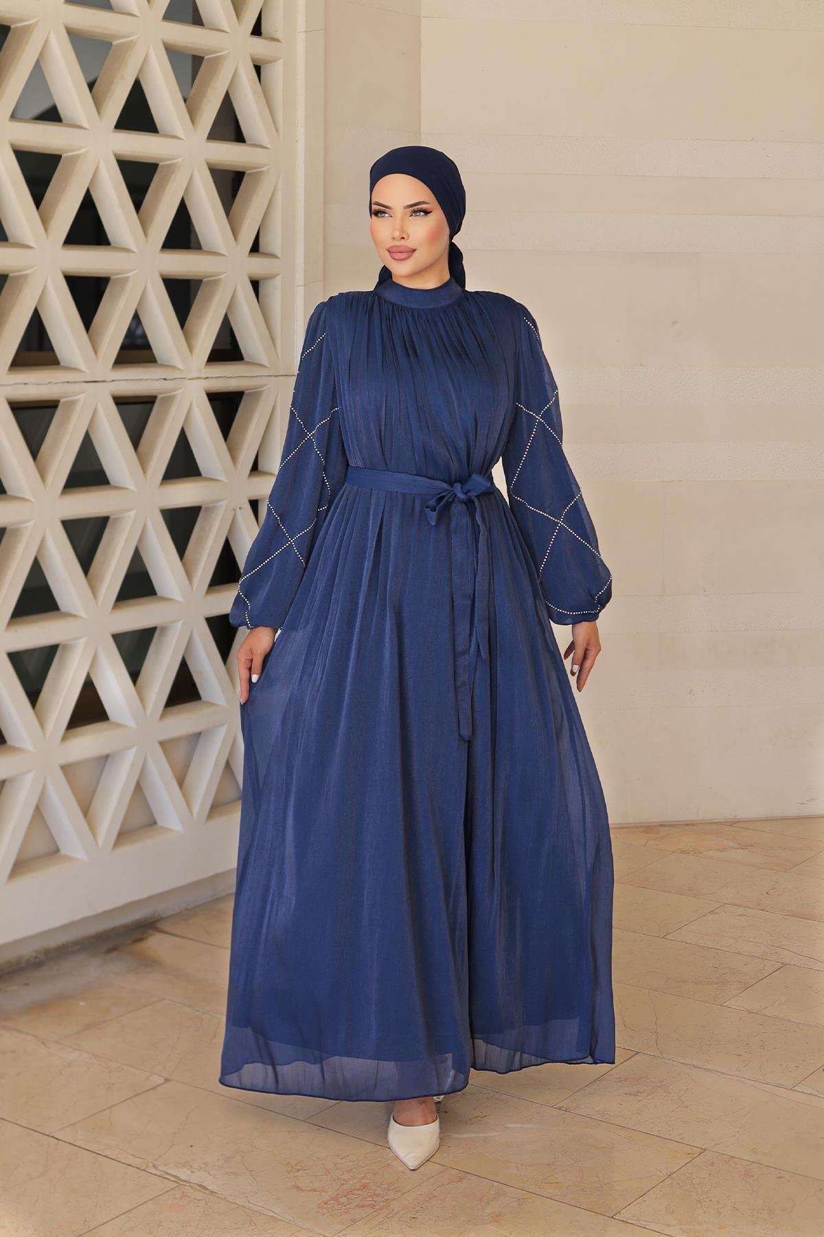 Tesettür Mercan Işıltı Abiye LacivertLP6097