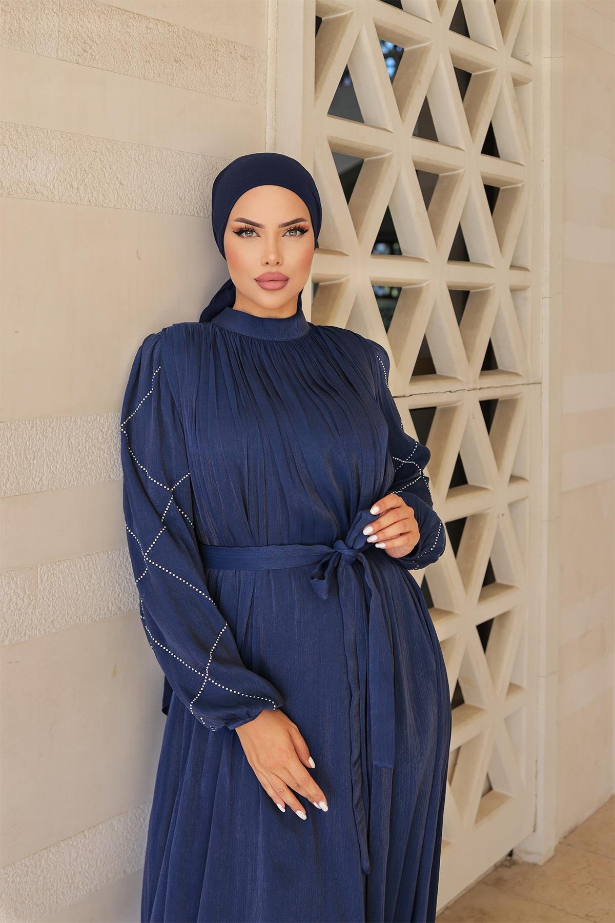 Tesettür Mercan Işıltı Abiye LacivertLP6097