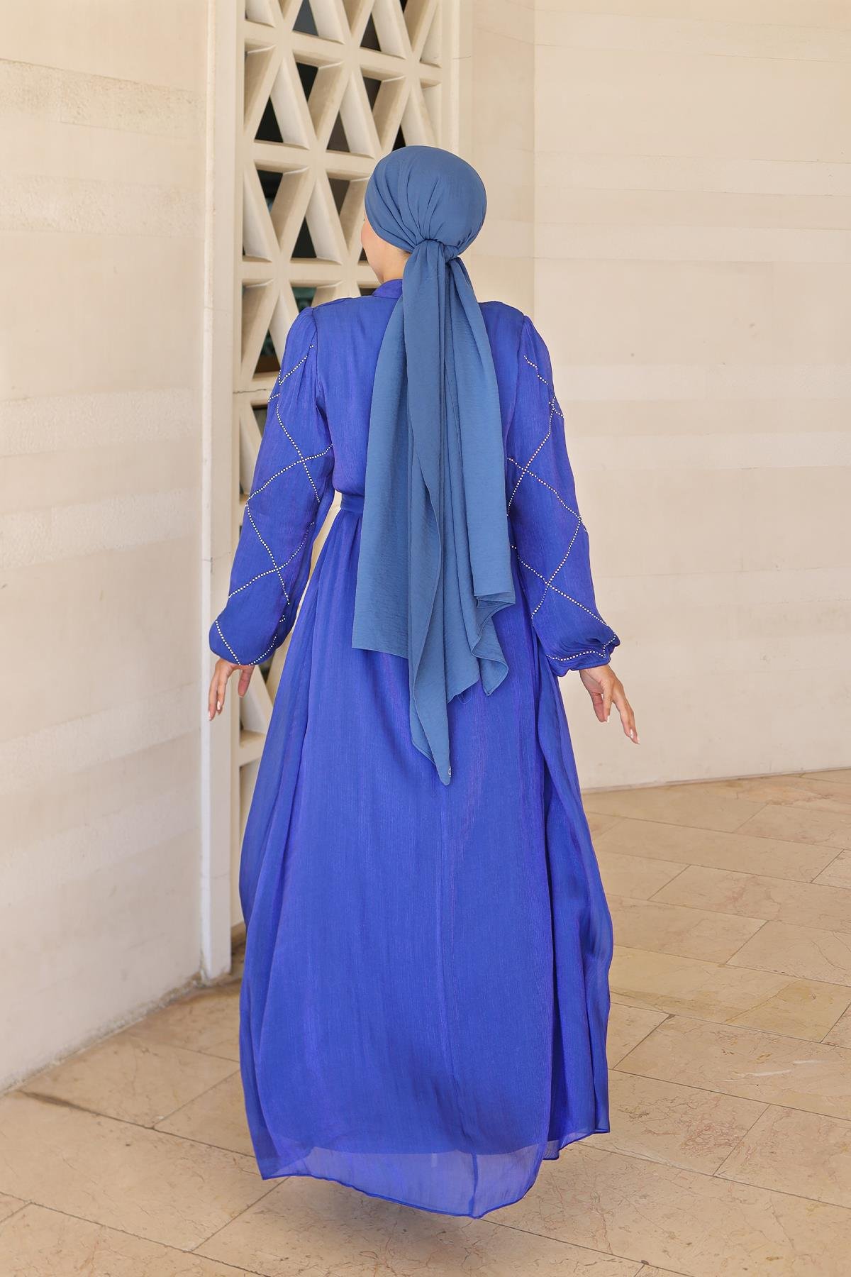 Tesettür Mercan Işıltı Abiye Saks MavisiLP6097