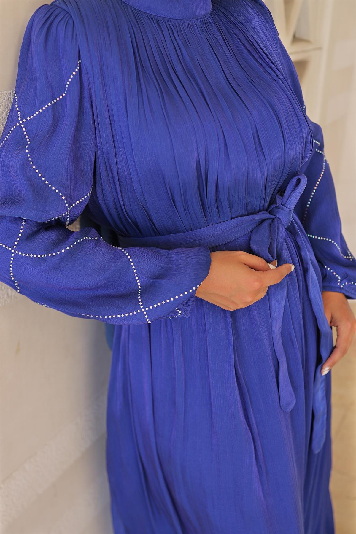 Tesettür Mercan Işıltı Abiye Saks MavisiLP6097