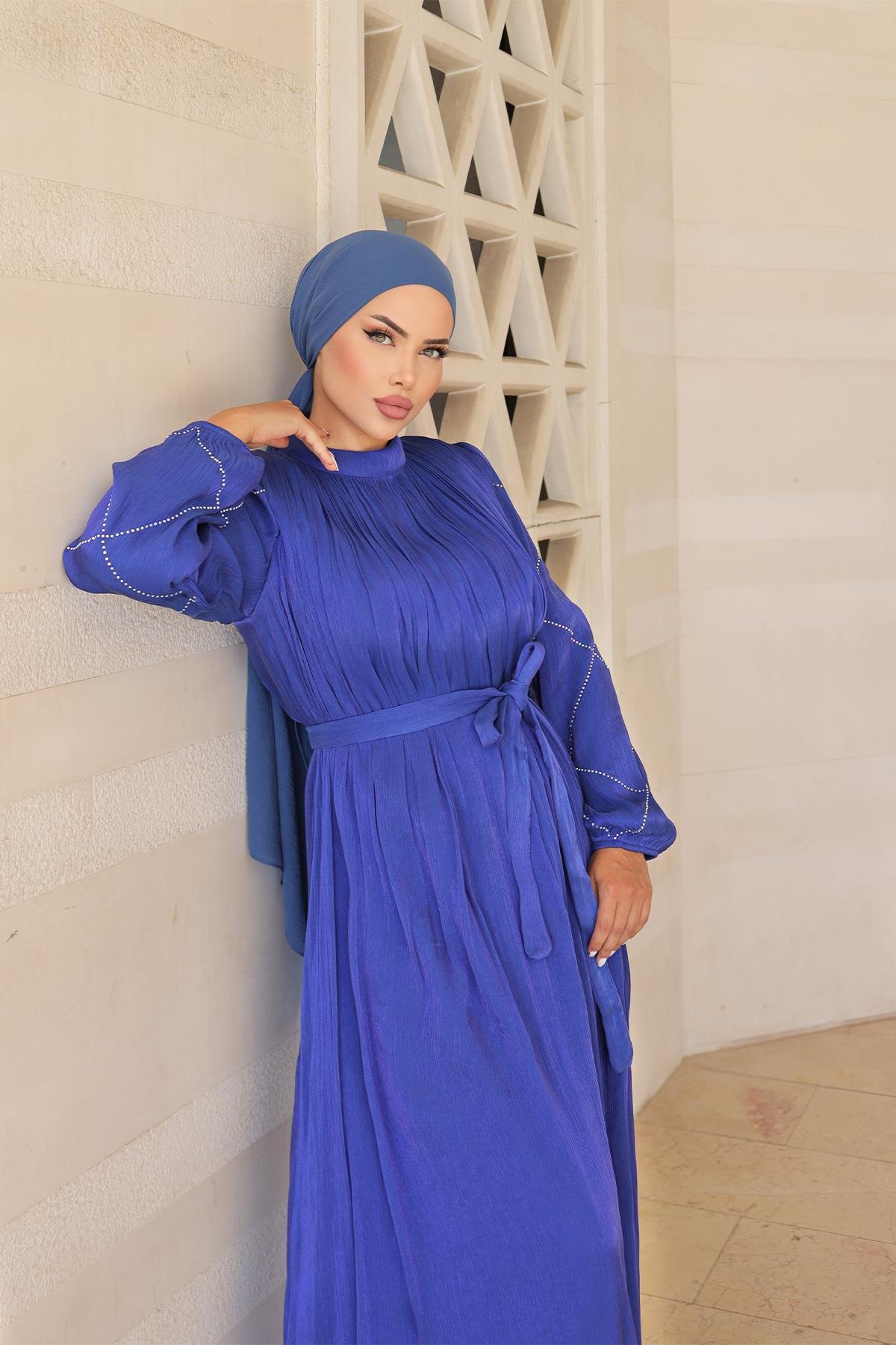 Tesettür Mercan Işıltı Abiye Saks MavisiLP6097