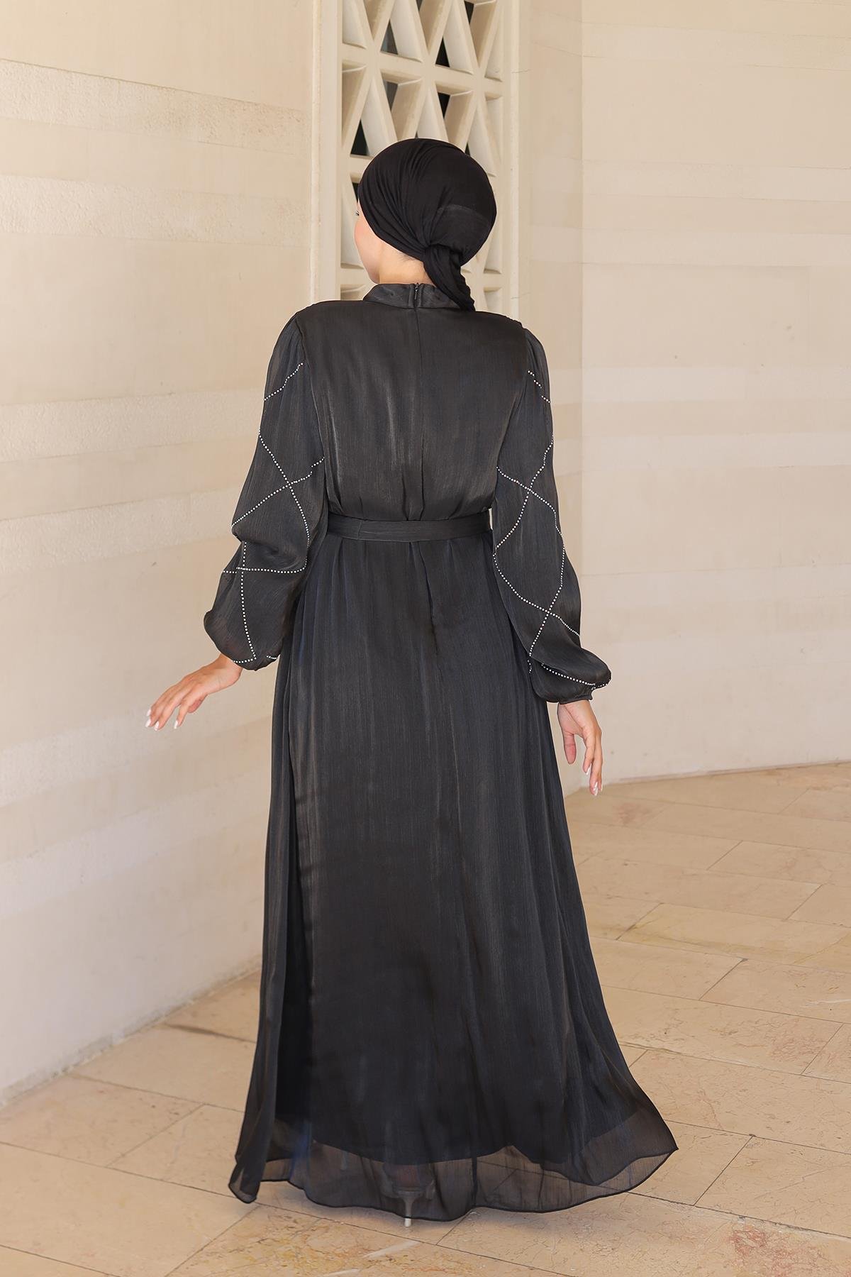 Tesettür Mercan Işıltı Abiye SiyahLP6097