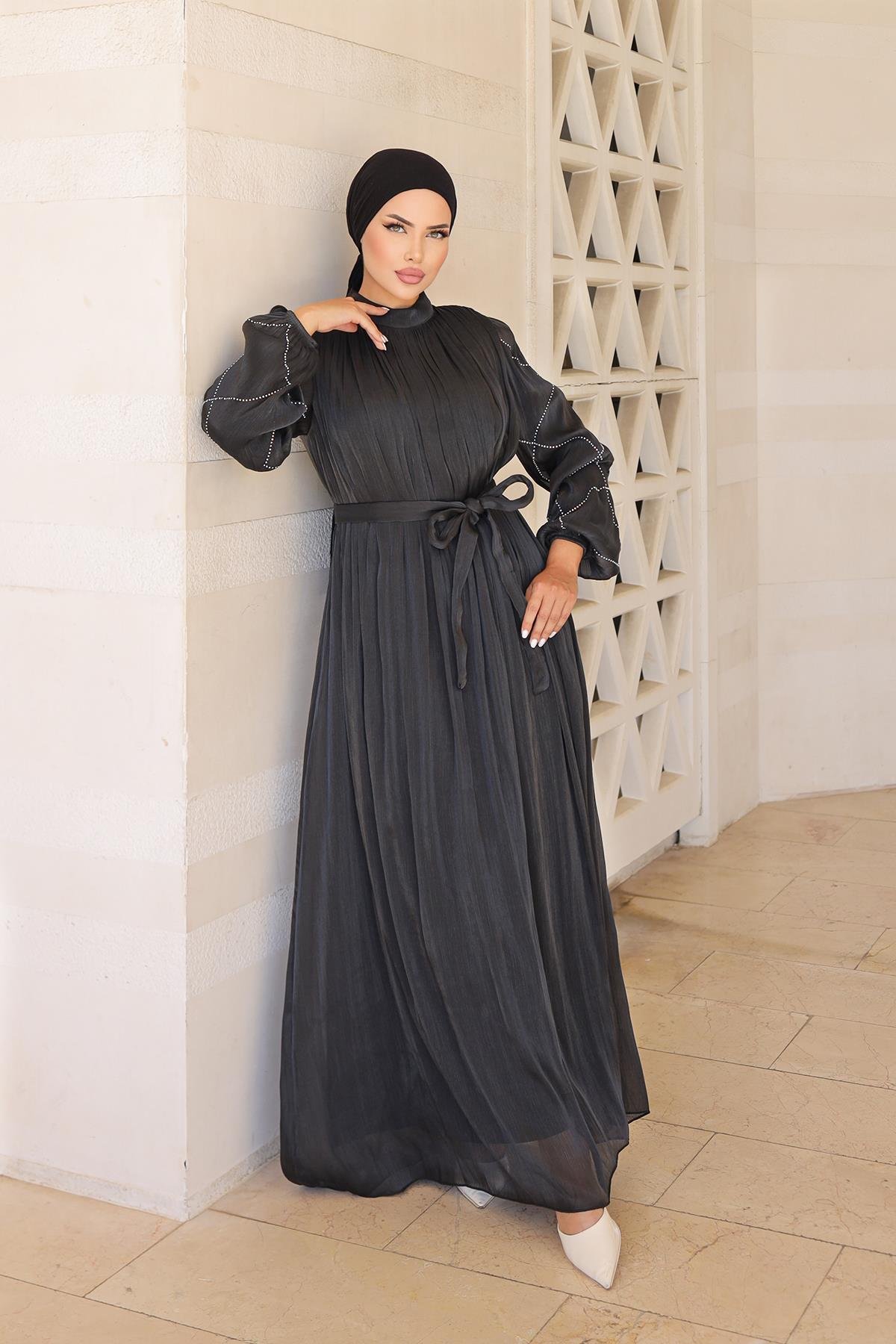 Tesettür Mercan Işıltı Abiye SiyahLP6097