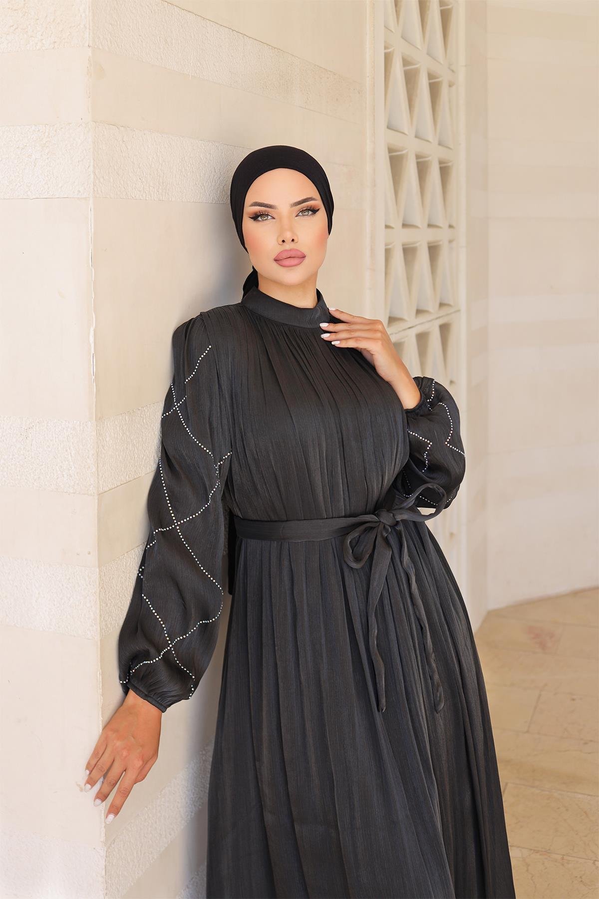 Tesettür Mercan Işıltı Abiye SiyahLP6097