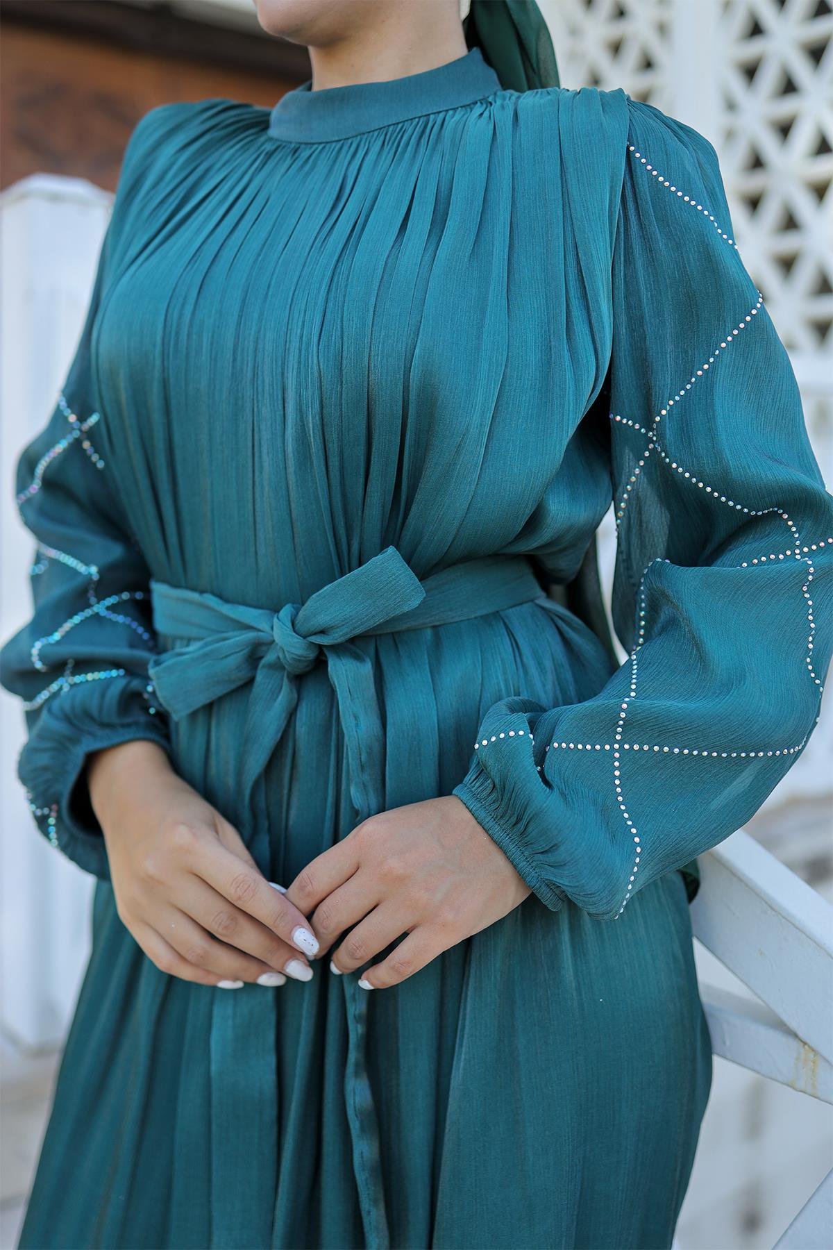 Tesettür Mercan Işıltı Abiye Zümrüt YeşiliLP6097