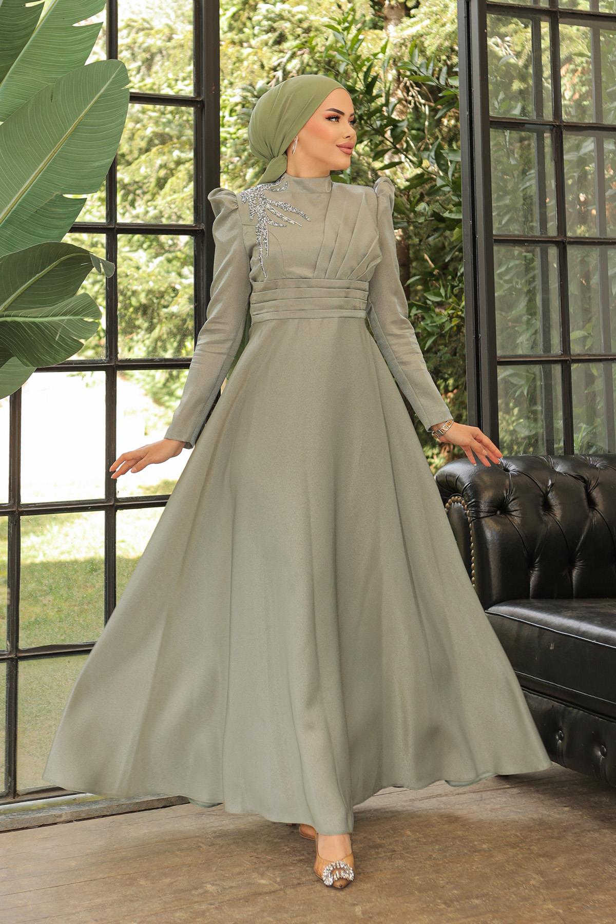 Tesettür Meryem Krep Saten Abiye Mint YeşiliLP6029