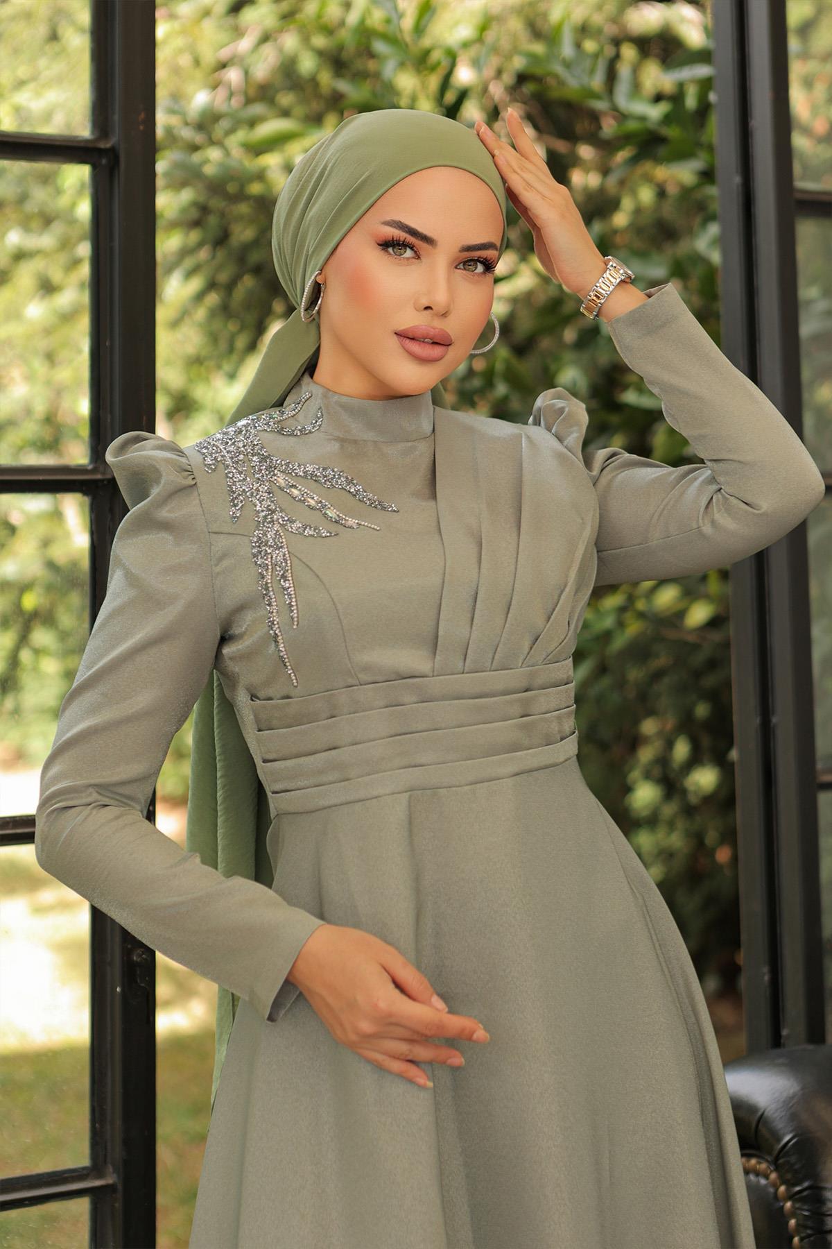 Tesettür Meryem Krep Saten Abiye Mint YeşiliLP6029