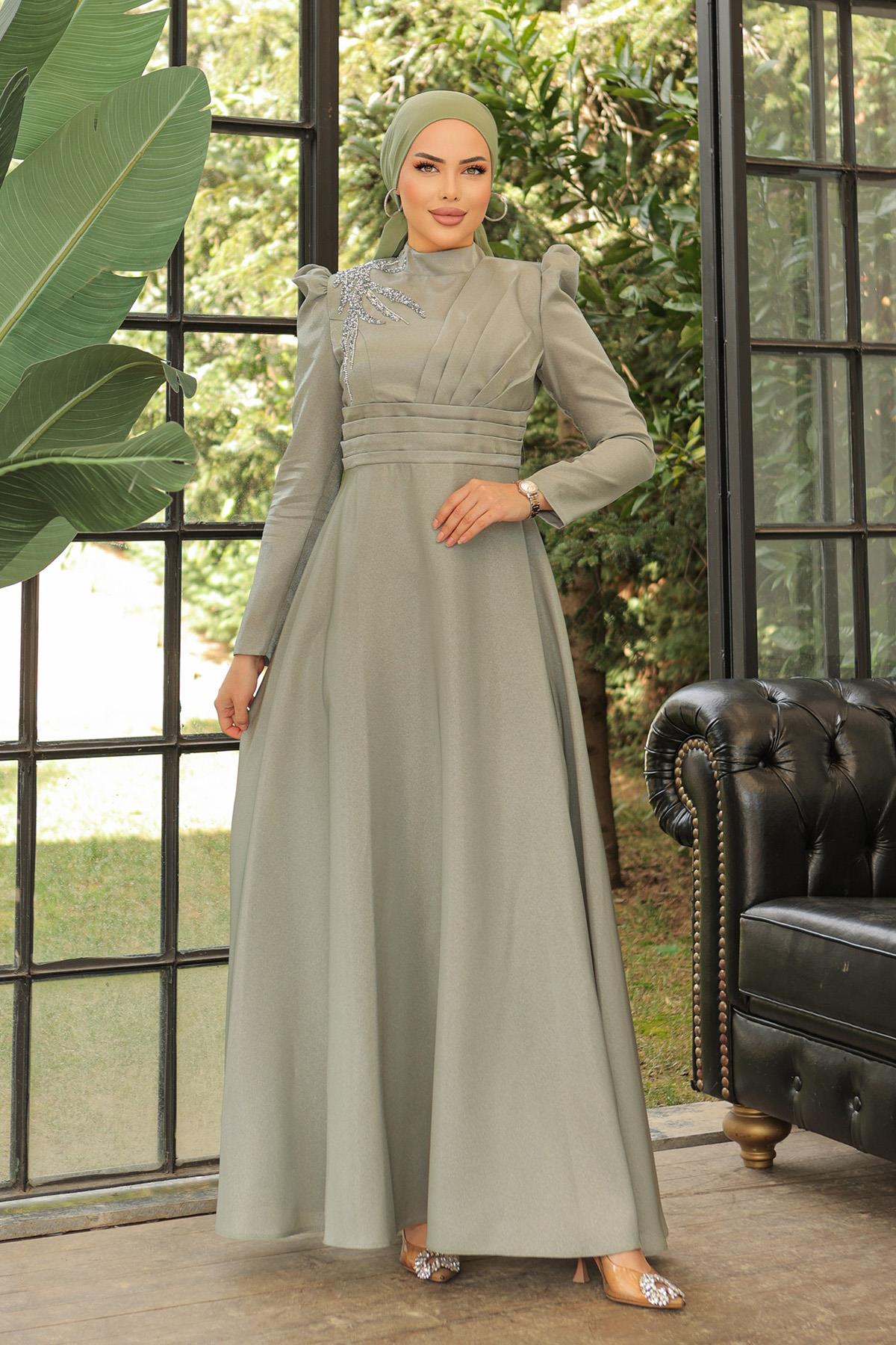 Tesettür Meryem Krep Saten Abiye Mint YeşiliLP6029