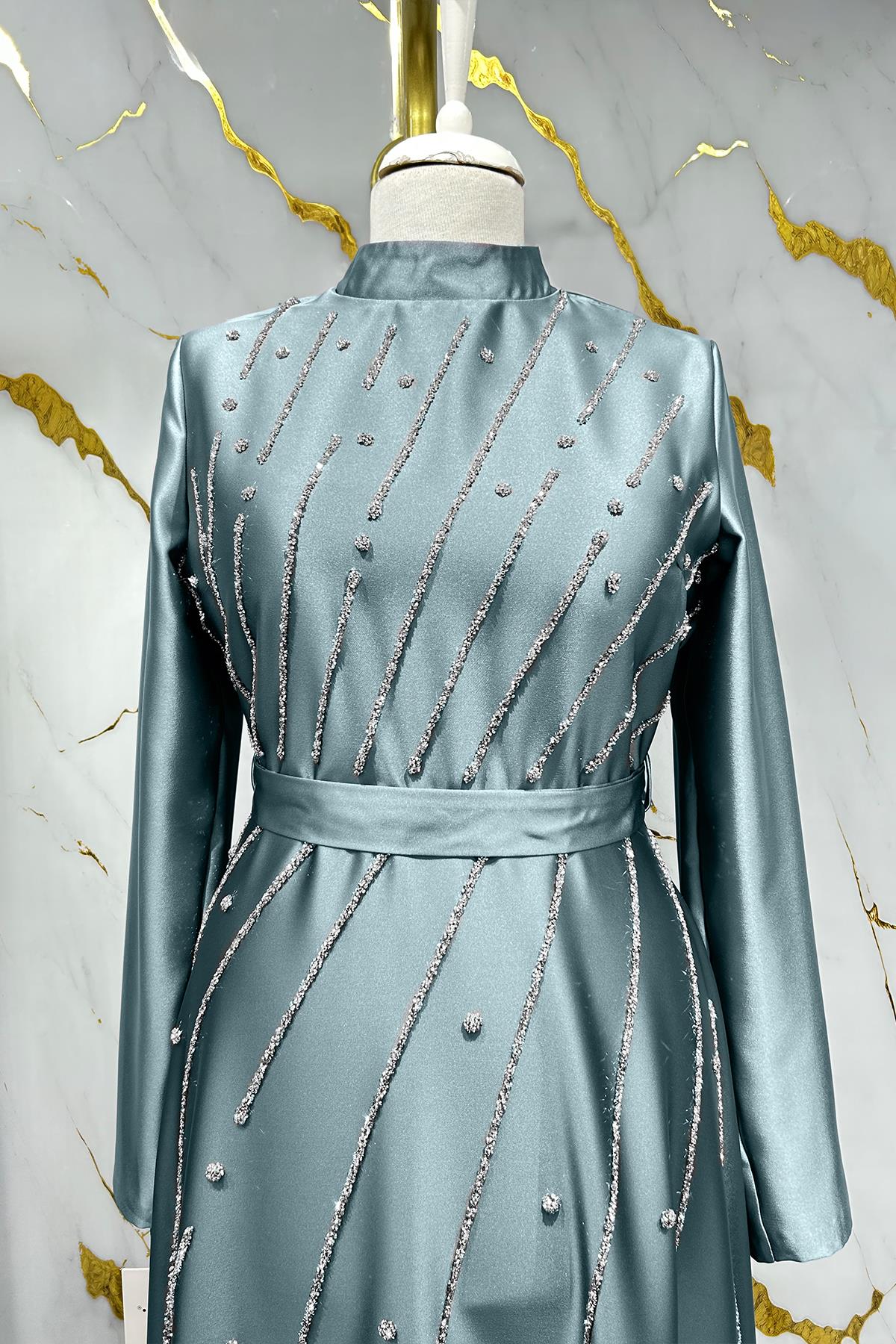 Tesettür Meyram Saten Abiye Mint YeşiliLP6131