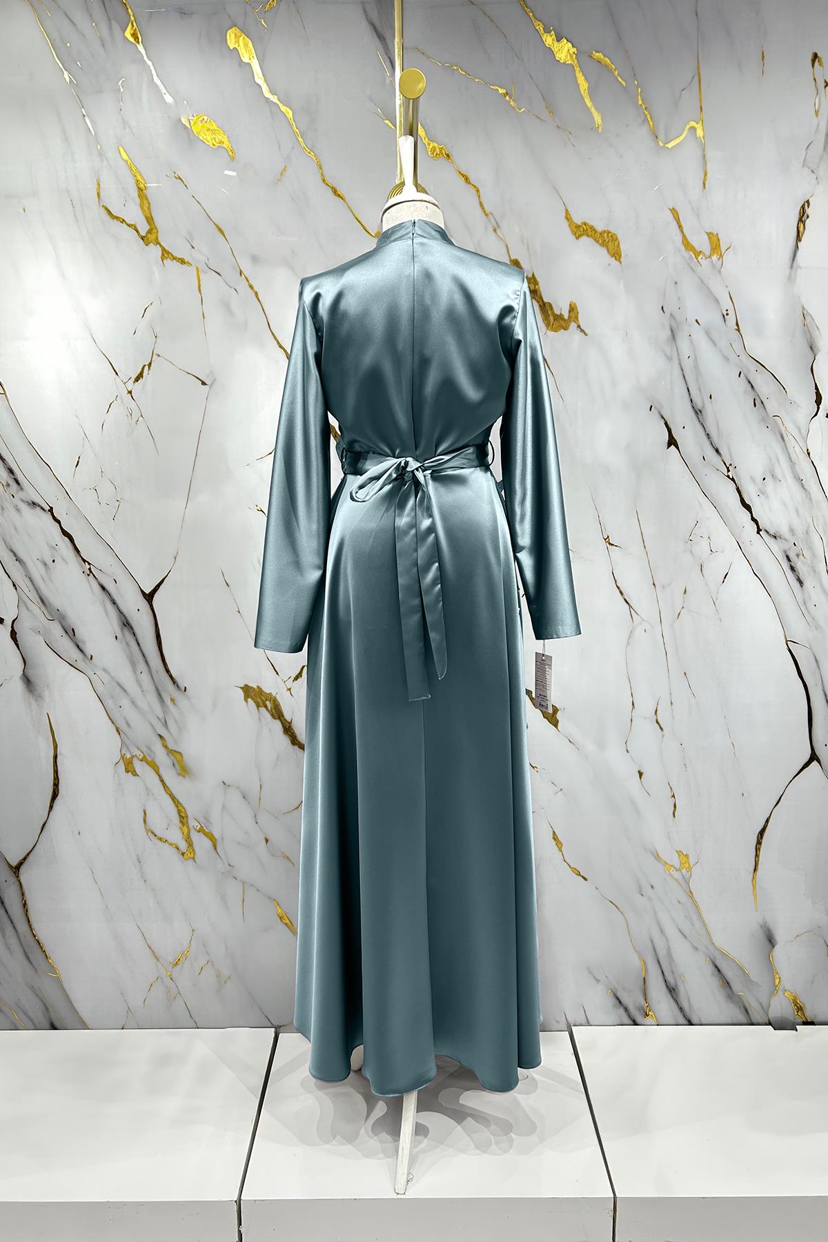 Tesettür Meyram Saten Abiye Mint YeşiliLP6131