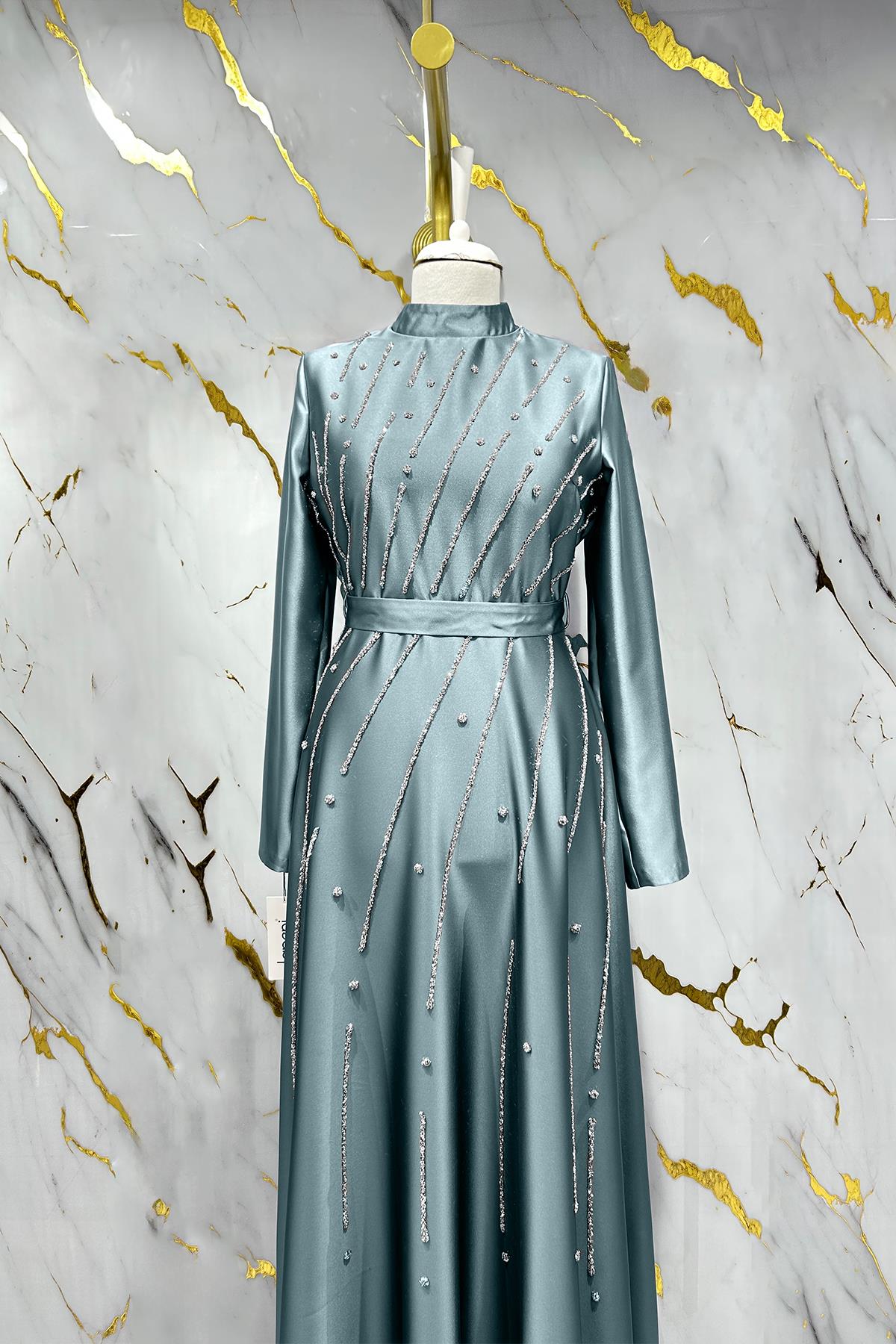 Tesettür Meyram Saten Abiye Mint YeşiliLP6131