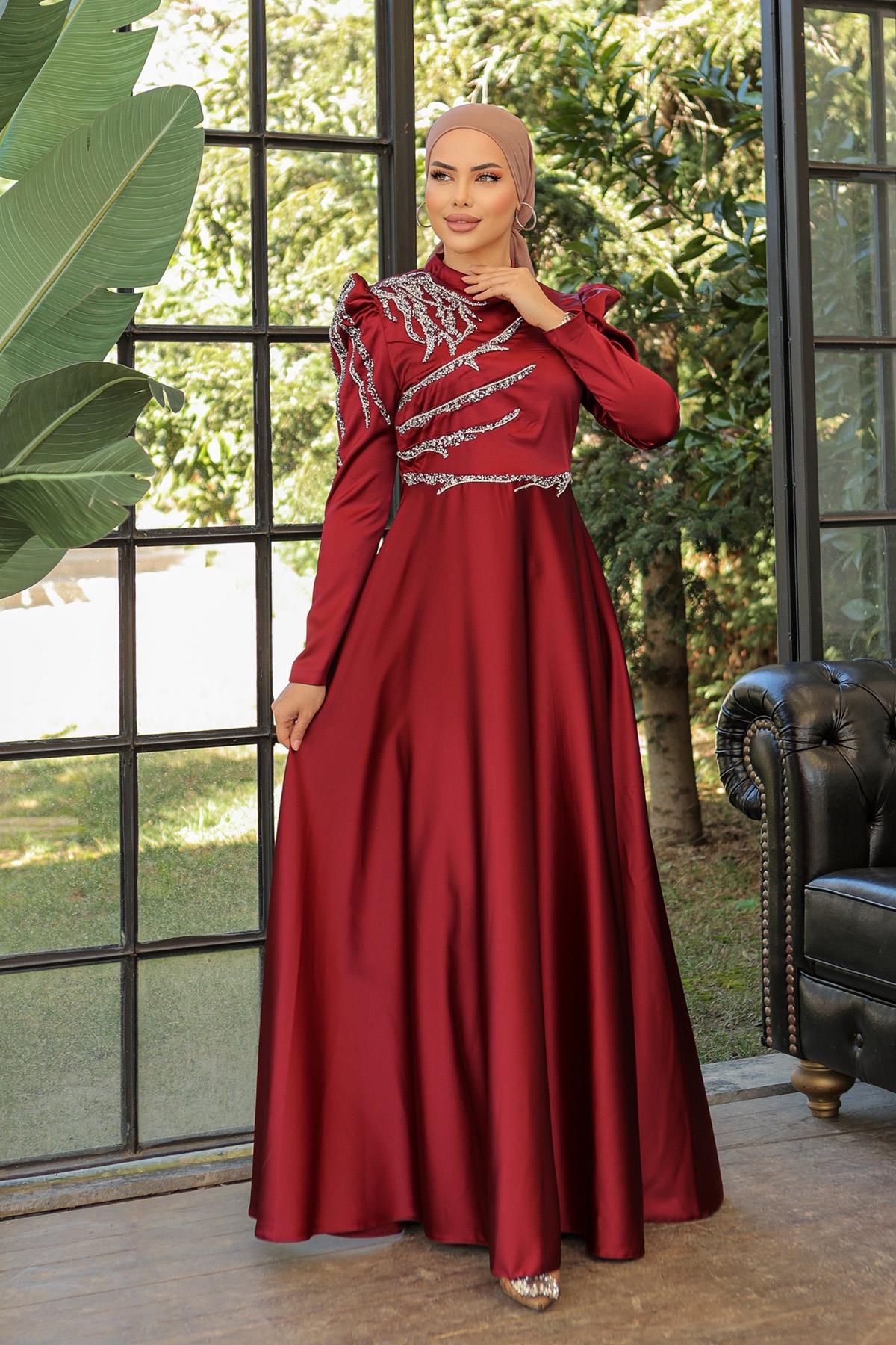 Tesettür Mina Saten Abiye BordoLP6010