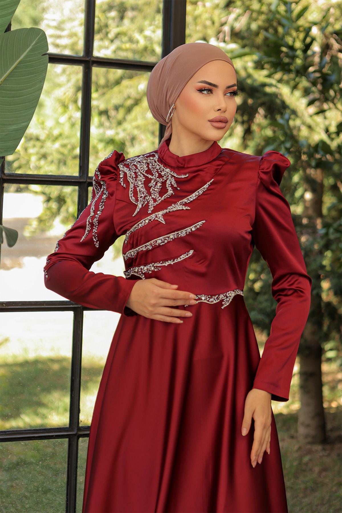 Tesettür Mina Saten Abiye BordoLP6010