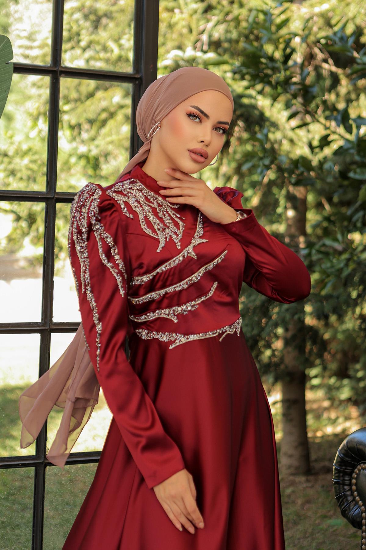 Tesettür Mina Saten Abiye BordoLP6010