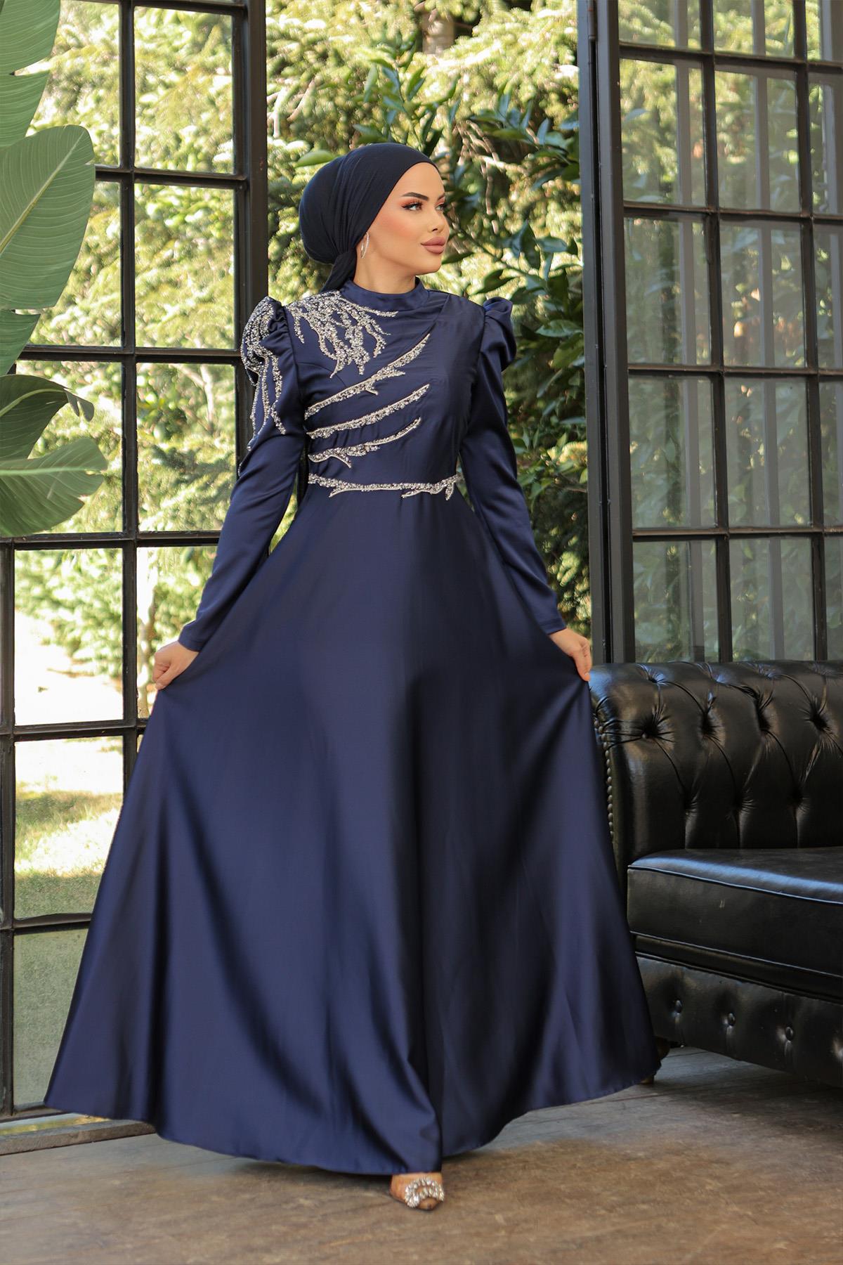 Tesettür Mina Saten Abiye LacivertLP6010