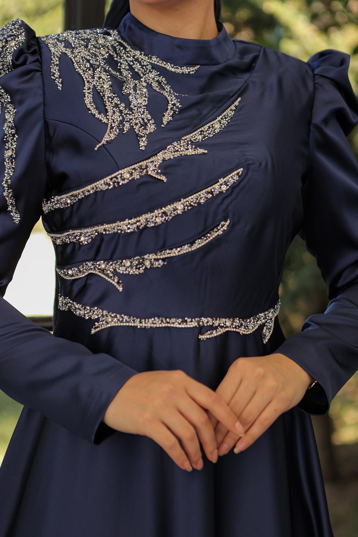 Tesettür Mina Saten Abiye LacivertLP6010