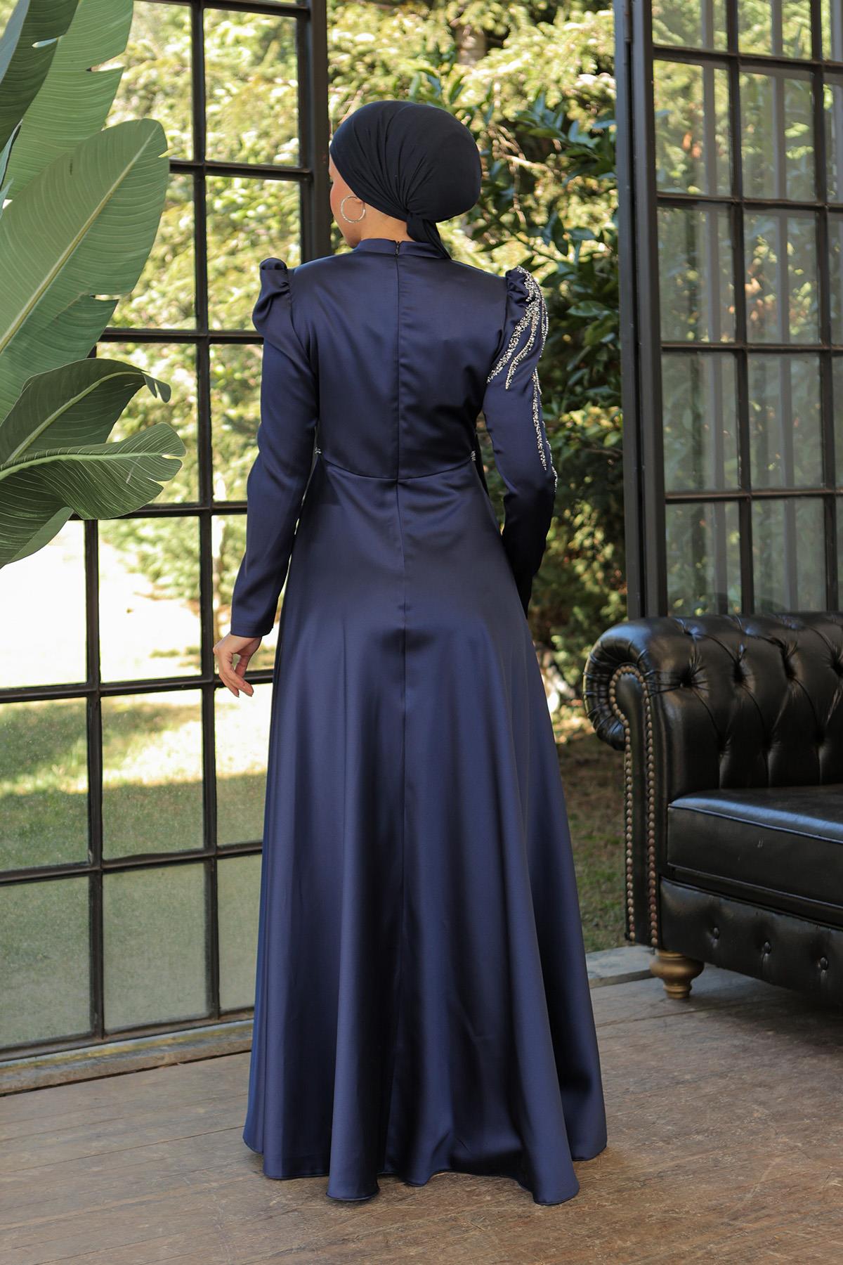 Tesettür Mina Saten Abiye LacivertLP6010