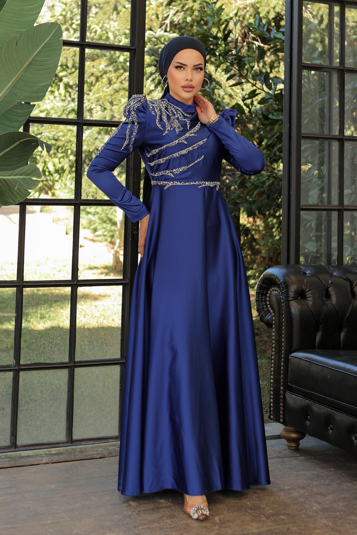 Tesettür Mina Saten Abiye Saks MavisiLP6010