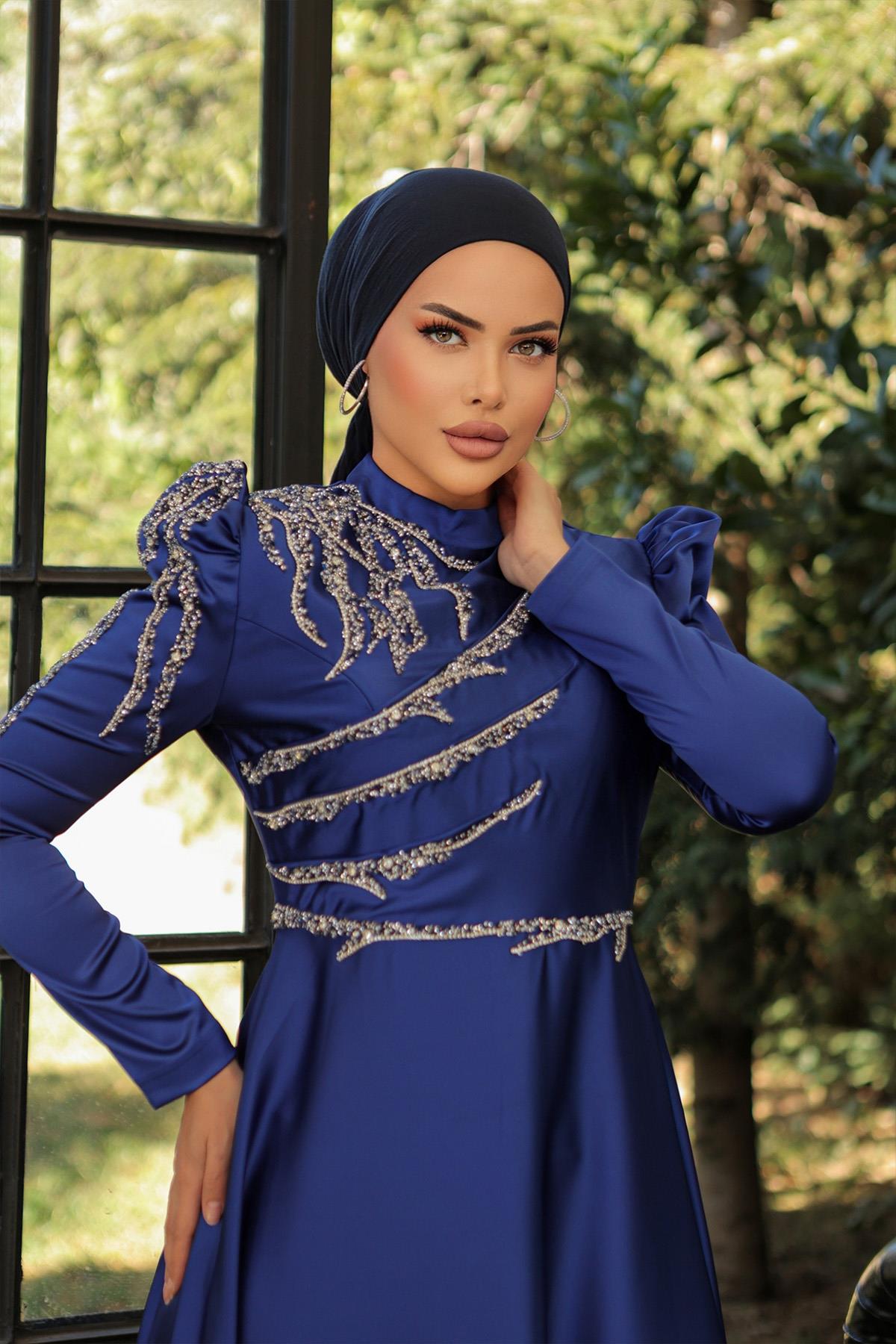 Tesettür Mina Saten Abiye Saks MavisiLP6010