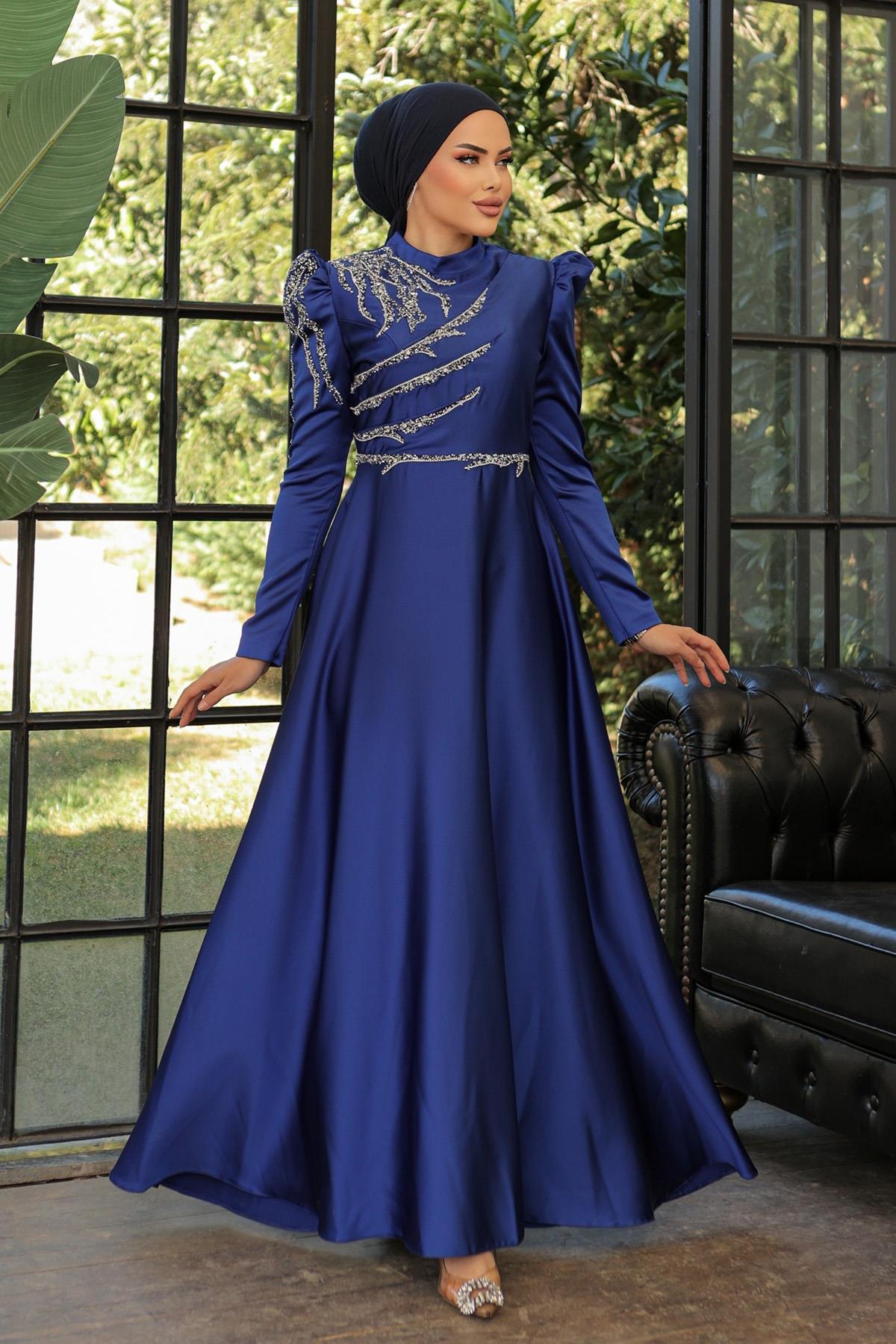 Tesettür Mina Saten Abiye Saks MavisiLP6010