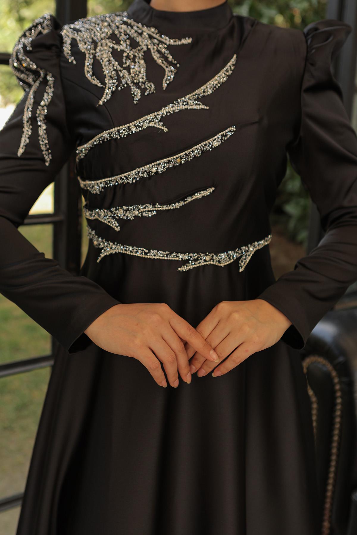 Tesettür Mina Saten Abiye SiyahLP6010