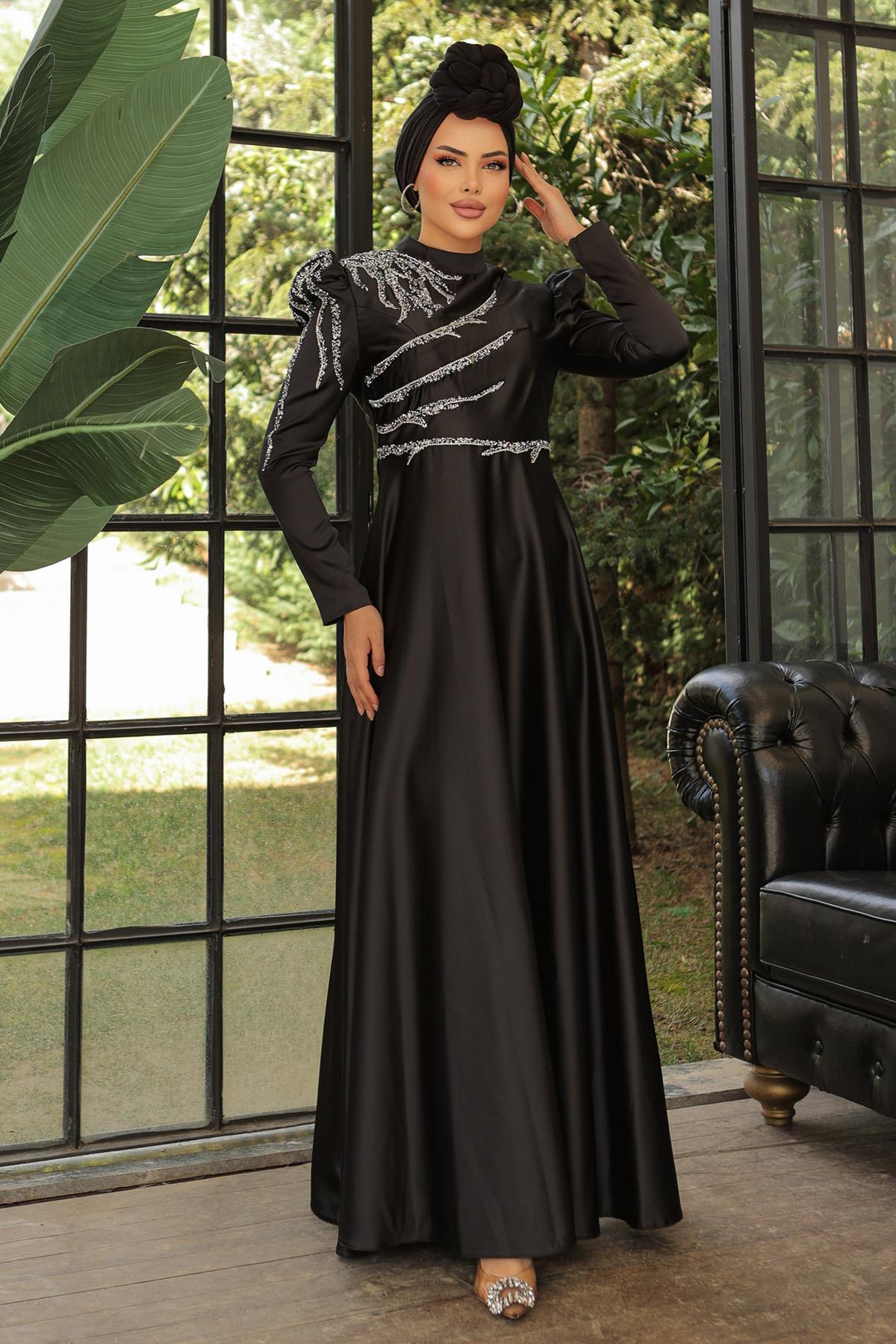 Tesettür Mina Saten Abiye SiyahLP6010